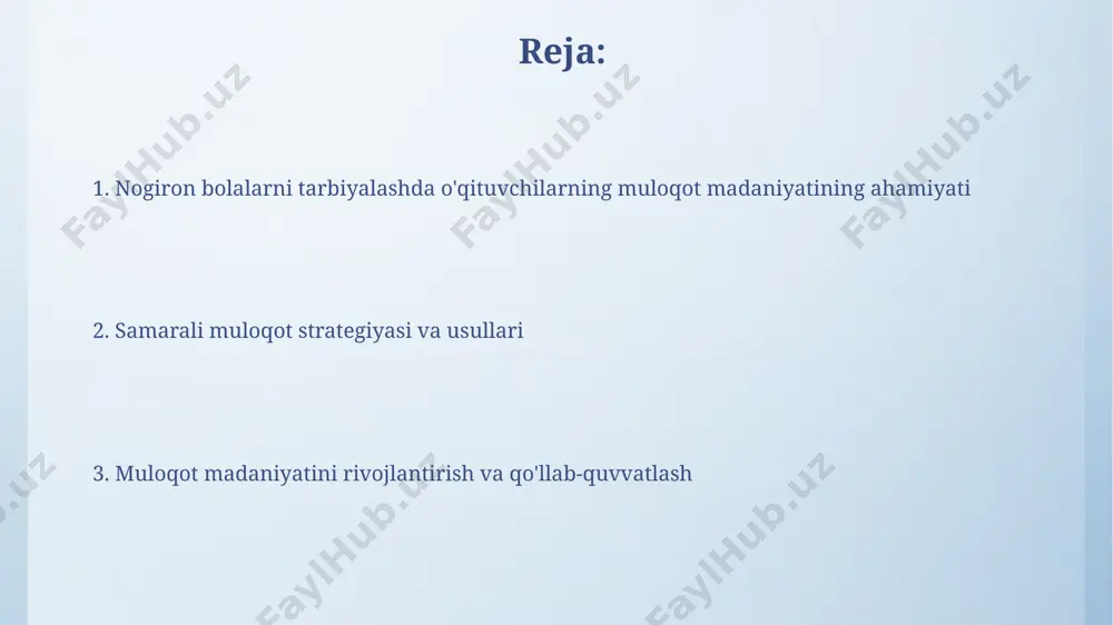 ng o'ziga ishonchini oshiradi. o'zaro hurmat va ishonch muhitini yaratish, kamida 3 ta asosiy tarkibiy qismni o'z ichiga oladi: o'qituvchilar va ota-onalar o'rtasidagi muntazam aloqa, individual ehtiyojlarni hisobga olish va qo'llab-quvvatlash tizimining samarali ishlashi. o'qituvchilarning malakasini oshirish maxsus ehtiyojli bolalar bilan ishlash bo'yicha amaliy ko'nikmalarni o'rgatishga qaratilgan o'qituvchilar malakasini oshirish dasturlari, kommunikatsiya ko'nikmalarini rivojlantirishga 15 soat ajratadi. o'qituvchilarning kamida 70% i inklyuziv ta'lim bo'yicha malaka oshirish kurslaridan o'tishlari, bolalarni o'qitish samaradorligini 25% ga oshiradi. muloqotning turli shakllari va usullari effektiv muloqot uchun o'qituvchilarning kamida 1 xil qo'shimcha texnologiyalar (masalan, tarjimon dasturlar, avtomatik subtitrlar) dan foydalanishi, nogiron bolalar bilan aloqani yaxshilashda muhim rol o'ynaydi, bu esa o'qish darajasini 30% ga yaxshilashga hissa qo'shishi mumkin. o'qituvchilarning kamida 3 xil muloqot usulini (og'zaki, yozma, imo-ishora) qo'llash, nogiron bolalar bilan samarali aloqani ta'minlashda muhimdir, bu ularning 70% gacha o'zlashtirish darajasini oshirishi mumkin. noverbal muloqotning ahamiyati inklyuziv sinf xonasida samarali noverbal aloqa o'qituvchilarga 30% gacha …