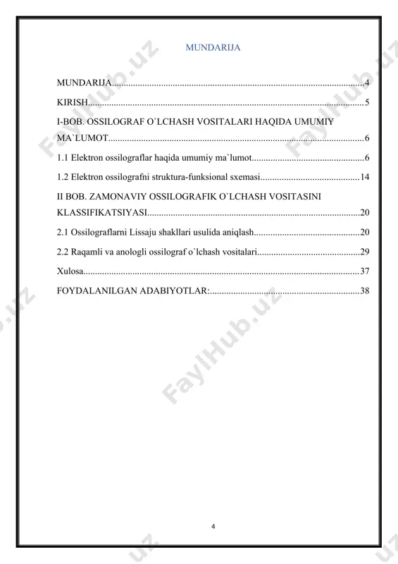 i alohida namunaviy barqarorligi yuqori bo'lgan generatordan foydalanish printsipiga asoslangan. ba'zi hollarda namunaviy generator sifatida bevosita ossillografiii o'zining yoyilma generatori qo'llaniladi, lekin bunda uning chastota-vaqt xarakteristikalari qat'iy normal- iashtiriladi. yoyilma chizig'ining o'lchamlik koeffitsiyenti кx vaqt birligida x o'qi masshtab to'rining bo'linish birligiga darajalangan. yoyilma tezligini ulagichi kx birliklarida raqamlashtirilgan belgilarga ega va aniqlik sinfi bo'yicha normallashtiriladi. o'lchanayotgan signalning kuchlanishi «y» kanalning kirishiga ulanadi, yoyilma koeffitsiyenti esa shunday o'rnatiladiki, ekranda davrlar butun sonning ostsillogrammasi shakllanishi kerak. bu holda namunaviy va tadqiq qilinayotgan generatorlar chastotalari o'rtasida kavrali munosabat o'rinli. xatoliklar manbayi bo'lib operatorning sub'yektiv xatoligi, amplituda va davomiylik kalibratoriarini uskunaviy xatoliklari hisoblanadi. xatoliklarning qo'shimcha manbalari tfektron nurning ruxsat etish qobiliyati (apertura) bilan, shuningdek, vertikal va gorizantal og'ish kanallari elektron kuchaytiigichlarining istibsh rejimlariningbeqarorligi bilan aniqlanadi. agar ossillografning bir davrini egallovchi shkalani bo'linishlar soni lx, «x» o'qi bo'yicha og'ish koeffitsiyenti к, ga teng bo'lsa, o'lchanayotgan davr tx = kx * lx. (2) ga teng …