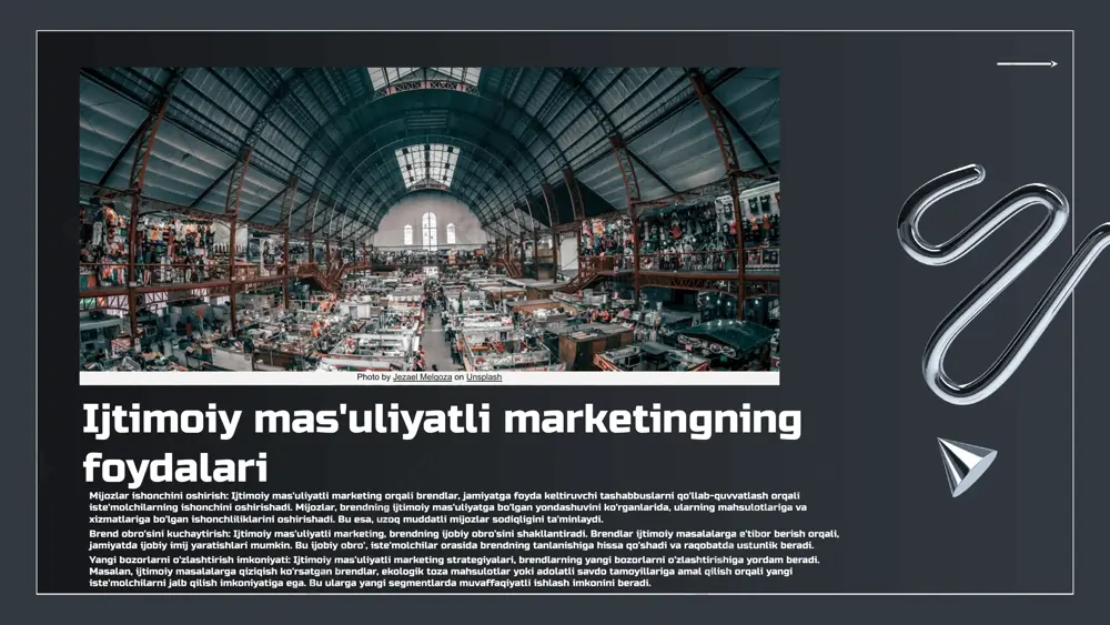 hozirgi kunda ijtimoiy mas'uliyatli marketingda quyidagi asosiy tendensiyalar mavjud: 1. eko-mas'uliyatli marketing: brendlar o'z mahsulotlarini ishlab chiqarishda va marketingda ekologik mas'uliyatni hisobga olishmoqda. masalan, "patagonia" brendi o'z mahsulotlarida qayta ishlangan materiallardan foydalanadi va ekologik muammolarni hal qilishga qaratilgan tashabbuslarni qo'llab-quvvatlaydi. 2. ijtimoiy media orqali marketing: ijtimoiy tarmoqlar orqali brendlar iste'molchilar bilan bevosita muloqot qilish imkoniyatiga ega. "coca-cola" ijtimoiy media kampaniyalari orqali iste'molchilarni o'z brendiga jalb qilishda muvaffaqiyat qozonmoqda. 3. iste'molchilarni jalb qilish: iste'molchilar o'zlarining xarid qilish qarorlariga ijtimoiy mas'uliyatni ta'sir etishlarini xohlaydilar. statistika shuni ko'rsatadiki, 66% iste'molchilar o'zlarining xaridlarini ijtimoiy mas'uliyatga ega brendlarga qaratadilar. photo by jezael melgoza on unsplash ijtimoiy mas'uliyatli marketingning istiqbollari uskunalar va strategiyalarni yangilash ijtimoiy mas'uliyatli marketing kelajakda brend imijini mustahkamlash va raqobatbardoshlikni oshirish uchun muhimdir. zamonaviy uskunalar va innovatsion strategiyalarni joriy etish orqali kompaniyalar iste'molchilar ishonchini qozonishlari mumkin. bunga qaramay, ushbu jarayonlar davomida brendning ijtimoiy mas'uliyatini hisobga olish zarur. swot tahlili orqali istiqbollarni aniqlash swot …