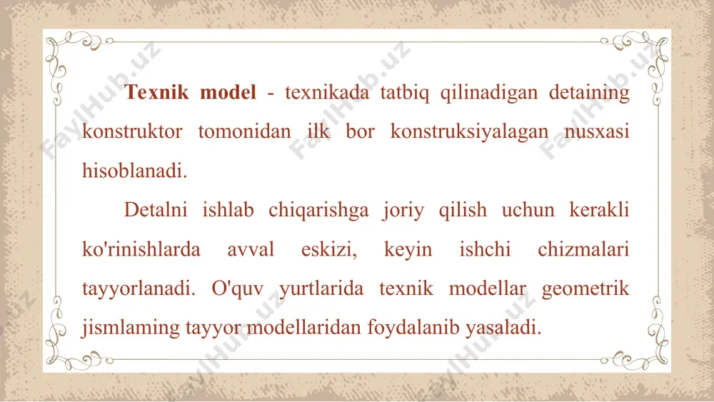 iped ustida yarimsilindrik o'yiqli prizmadan iborat bo'lib, uch­ta geometrik jismdan, ya'ni uch elementli modeldan tashkil topgan (23.5-chizma, a). modelni quyidagi bosqichlarda chiziladi: 1. modelning asosi uchta ko'rinishda chizib olinadi (23.5-chizma, b). 2. asosi ustiga prizma uchta ko'rinishda chiziladi (23.5-chizma, d). prizmadagi yarimsilindrik o'yiq uchta ko'rinishda chizib chiqiladi (23.5-chizma, e). ortiqcha chiziqlar o'chirilib, chizma taxt qilinadi. chizmachilik xonasidagi texnik detallardan foydalanib, ularaing kerakli ko'rinishlarini chizing. 23.6- va 23.7-chizmalardagi yaqqol tasvirda berilgan detallardan bittasini tahlil qiling va ko'rinishlarini chizing. oddiy model chizmalarini tahlil qilish, geometrik jismlarga ajratish har qanday buyum (detal) turli geometrik jismlarni o'zida mujassamlagan bo'ladi. shu bois, detalni o'qishda ularni fikran geometrik jismlarga ajrata bilish o'ta muhim hisoblanadi. bu jarayon detalni tahlil qilish deyiladi. 24.1-chizma, a, b da choynak qopqog'i yaqqol tasvir va ikkita ko'rinishda chizilgan. shu detal nechta va qanday geometrik sirt yig'indisidan tashkil topgan? bu savolga javob berish maqsadida har bir geometrik sirt alohida ajratib chiziladi. detal oltita …