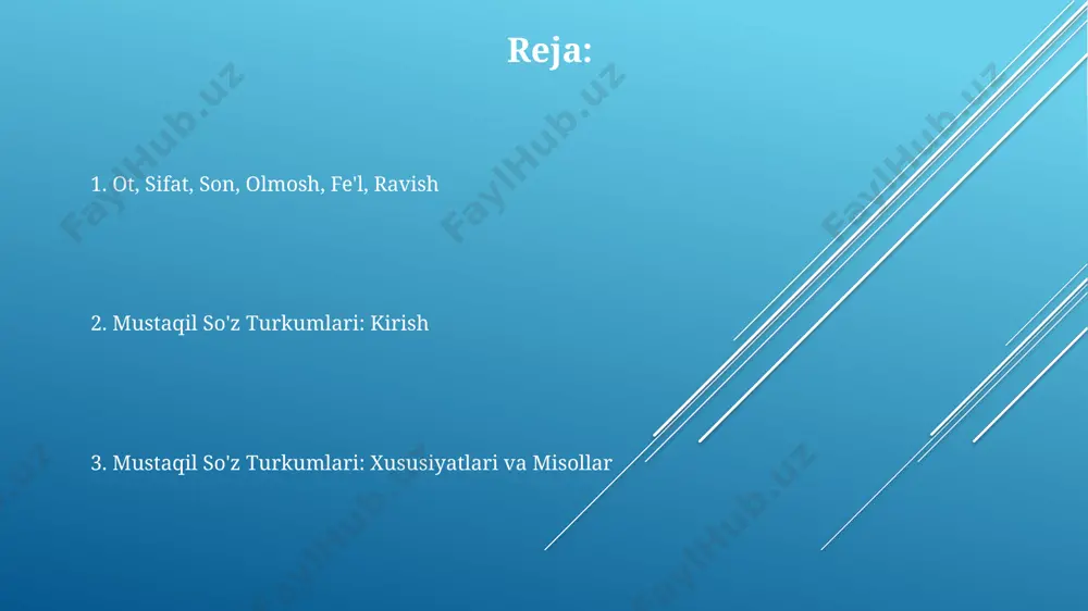 bajaradi. ravishlar 9 ta ma'no turiga bo'linadi, masalan: holat ravishi, vaqt ravishi va o'rin ravishi. ba'zi ravishlar "juda", "ozgina" kabi daraja bildiradi. "ravish" mustaqil so'z turkumi bo'lib, fe'lning harakat tarzini, vaqtini, o'rnini, sababini, maqsadini, darajasini yoki miqdorini ifodalaydi. fe'ldan yasalgan sifatlar fe'ldan yasalgan sifatlar 2 xil usulda yasaladi: birinchisi, o'tgan zamon fe'lidan "-gan, -qan" qo'shimchalari orqali (masalan, "buzilgan"); ikkinchisi, hozirgi-kelasi zamon fe'lidan "-adigan, -ydigan" qo'shimchalari yordamida (misol uchun, "o'qiydigan"). fe'ldan yasalgan sifatlar fe'ldan yasalgan sifatlar gapda aniqlovchi vazifasida keladi va ot bilan birgalikda birikma hosil qiladi. masalan, "sinadigan stakan" birikmasida "sinadigan" fe'ldan yasalgan sifat bo'lib, stakanning xususiyatini aniqlaydi. sifat sifat so'z turkumi predmetning belgisini, rangini, hajmiga oid xususiyatlarini ifodalaydi. belgilar doimiy bo'lishi mumkin, masalan, "katta uy" yoki nisbiy, "issiq choy" kabi. sifatlar otlar bilan moslashadi, son va kelishik shakllari orqali o'zgaradi, shuningdek, "juda chiroyli", "eng yaxshi" kabi darajalarga ega bo'lishi mumkin. uchta daraja bor: oddiy, qiyosiy, orttirma. sifatlar tuzilishiga ko'ra …