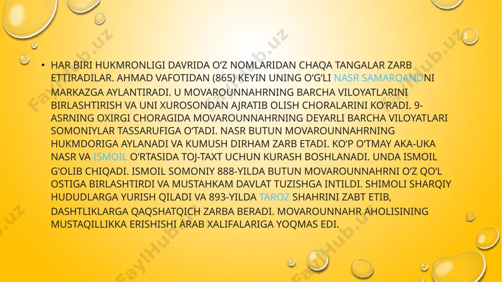 umush tanga — dirhamlar ishlatilardi. mis chaqalarni markaziy hukumat ham, shuningdek, sulola aʼzolaridan boʻlgan baʼzi viloyat hokimlari ham chiqarar edilar. kumush tangalar faqat hukumat boshligʻi nomidan marv, samarqand, buxoro va shoshda davlat zarbxonalarida soʻqilar edi. somoniylar hukmronligi davrida yer egaligining „mulki sultoniy“, „mulk yerlari“, „vaqf yerlari“, „mulki xos“ va „jamoa yerlari“ deb ataluvchi 5 turi mavjud boʻlgan. davlat tasarrufidagi yerlar „mulki sultoniy“ deb yuritilgan. hukmron sulola vakillari, mulkdor dehqon va aslzodalarning tasarrufidagi katta-katta yer maydonlaridan tortib mehnatkash qishloq aholisiga tegishli mayda xususiy yerlargacha „mulk yerlari“ hisoblangan. masjid, xonaqoh va madrasalarga vaqtincha yoki abadiy foydalanish uchun berilgan yerlar „vaqf yerlari“ deb atalgan. bunday turlardagi yerlardan foydalanuvchilarning barchasi davlatga hosilning 1/3 hajmida xiroj toʻlar edi. oliy martabali ruhoniylar va sayyidlar qoʻl ostidagi yerlar „mulki xos“ deb yuritilgan. bunday imtiyozga ega boʻlgan mulkdorlar davlatga koʻpincha hosilning 1/10 hisobida ushr soligʻini toʻlagan. hukmron sulola hamda oliy tabaqa vakillariga davlat oldidagi xizmatlari evaziga hadya qilingan …