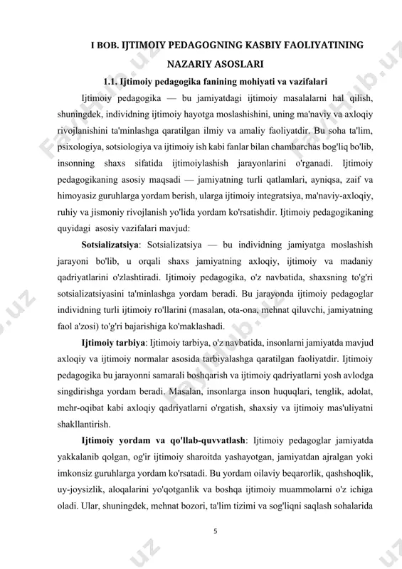 adolatni ta'minlashga, barcha insonlarga teng imkoniyatlar yaratishga intiladi. jamiyatning turli qatlamlaridagi insonlarga teng ravishda yondoshuvni o'rgatadi. ijtimoiy pedagoglar har bir insonning huquqlarini hurmat qilish, tenglikni ta'minlash va ijtimoiy yordamga muhtojlarga yordam berish asosida faoliyat olib boradilar. demokratik tamoyil: ijtimoiy pedagogikada demokratik tamoyil shundaki, har bir shaxsning fikri va ijtimoiy o'rni hurmat qilinishi kerak. shaxsning mustaqil fikr yuritishi, o'z huquqlarini bilishi va ularni amalga oshirishda ishtirok etishi muhim. bu tamoyilga ko'ra, ijtimoiy pedagoglar shaxslarni ijtimoiy hayotga faol ravishda jalb qiladilar. individual yondashuv tamoyili: ijtimoiy pedagogika har bir shaxsning o'ziga xos xususiyatlarini inobatga olishni talab qiladi. bu tamoyilga ko'ra, har bir insonning ehtiyojlari, qobiliyatlari va imkoniyatlari hisobga olinishi kerak. pedagoglar, shaxsga mos tarzda yordam berish uchun, har bir individni yaxshiroq tushunishga harakat qiladilar. integratsiya tamoyili: ijtimoiy pedagogika jamiyatning turli guruhlarini, jumladan, inklyuziv ta'limni ta'minlashni maqsad qiladi. bu tamoyilga ko'ra, ijtimoiy yordam faqatgina muhtoj guruhlar uchun emas, balki jamiyatdagi barcha insonlar uchun bir …