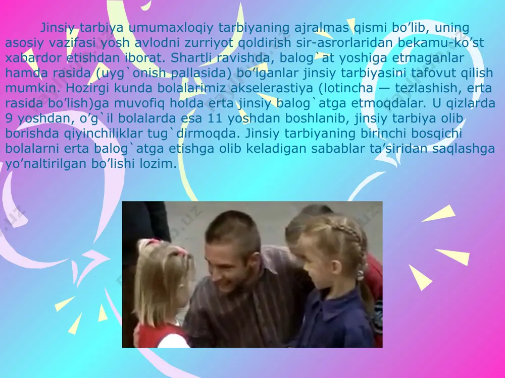 ekanligini unutmaslik joiz. 2. jinsiy hissiyotlarga ortiqcha berilmasdan, shuningdek, uzlatga ham chekinmasdan, baxtli hayot kechirishni kishilarga o’rgatish zarur. buning uchun esa turli jins vakillarining bir-biri bilan to’g`ri munosabatda bo’lishini ta’minlash lozim. 3. bu masala bilan asosan tarbiyachilar shug`ullanishi kerak, ammo tarbiya ishida shifokorning yordami zarur bo’lib qolsa, u ham ishtirok etishi mumkin. shifokor pedagoglarni bolalar va o’smirlar biologiyasi hamda akselerastiya hodisasi bilan tanishtirish lozim. mashhur nemis olimlari r.noybert va r.vayze jinsiy tarbiyani quyidagi etti shart asosida olib borish lozimligini ta’kidlashgan: 4. jinsiy tarbiyani odatiy suhbatlar tarzida olib borish, “bolalarning yuz-ko’zini ochish” bobida esa sog`lom jinsiy hayotga tayanish lozim. 5. tarbiyaning eng maqbul usuli namuna ko’rsatish vositasida yaxshi odatlarga o’rgatishdir. shuning uchun ham katta yoshdagi kishilarning boshqa jins vakillari bilan o’zaro to’g`ri munosabat o’rnatishlari juda muhim. jinsiy hayotda bachkana noz-karashma hamda axloqsizlikka o’rin bo’lmasligi kerak. 6. ko’pgina filmlar, radioeshittirish, rasmli jurnal, turli xil tomoshalar va boshqa vositalarning zararli ta’siridan bolalarni ehtiyot …