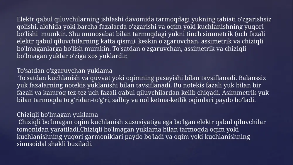flanadi, bu faol quvvat p ning umumiy quvvatga nisbati s. qulay ko'rsatkich reaktiv quvvat omili tgph bo'lib, u reaktiv quvvat q ning faol p ga nisbatini ifodalaydi, ya'ni u qanday qilib faol quvvat birligiga ko'p reaktiv quvvat sarflanadi. etakchi oqimga ega qurilmalar reaktiv quvvat manbalari hisoblanadi. ular induktiv davrlar bilan reaktiv yuklarni qoplash uchun ishlatiladi. shunday qilib, elektr tarmog'idagi yuk faol va reaktiv yuklar bilan ifodalanadi. haddan tashqari issiqlik izolyatsiyasining erta qarishi va uning aşınmasına olib kelishi mumkin. shu munosabat bilan, jonli qismlarning harorati ruxsat etilgan qiymatlardan oshmasligi kerak. simlar va kabellarning kesimi, kommutatsiya qurilmalari ruxsat etilgan yuk oqimiga qarab tanlanishi kerak. ruxsat etilgan (hisoblangan) yuk oqimini aniqlash uchun hisoblangan yuk kuchini aniqlash kerak. quyosh elektr stansiyasini loyihalash va ishlatishda konstruktiv yuklama shunday vaqtga o'zgarmas irc yuki sifatida qabul qilinadi , bu esa tok o'tkazuvchi qismlar va ularning qo'shni qismlarining maksimal isishiga olib keladi, barqaror harorat bilan tavsiflanadi. isitish ruxsat …