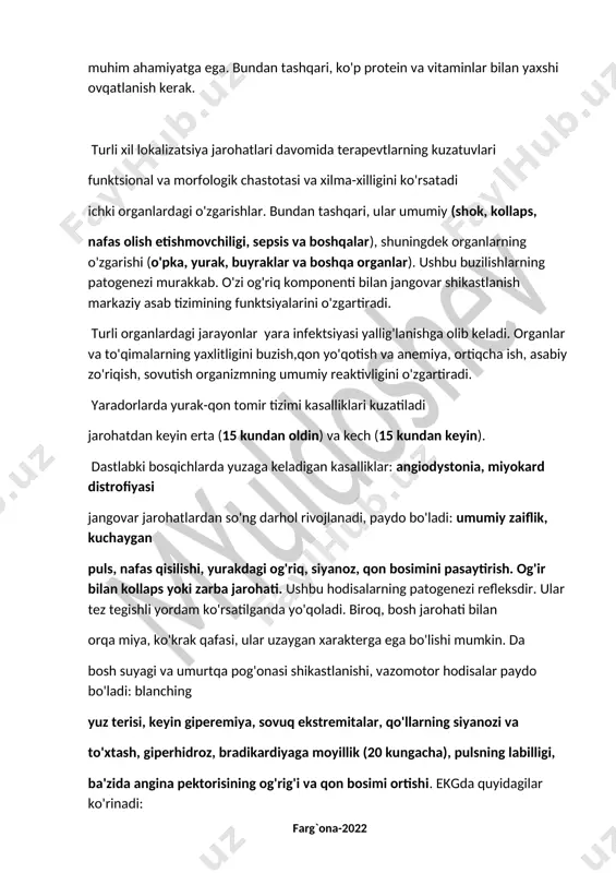 qa miya, ko'krak qafasi, ular uzaygan xarakterga ega bo'lishi mumkin. da bosh suyagi va umurtqa pog'onasi shikastlanishi, vazomotor hodisalar paydo bo'ladi: blanching yuz terisi, keyin giperemiya, sovuq ekstremitalar, qo'llarning siyanozi va to'xtash, giperhidroz, bradikardiyaga moyillik (20 kungacha), pulsning labilligi, ba'zida angina pektorisining og'rig'i va qon bosimi ortishi. ekgda quyidagilar ko'rinadi: bradikardiya, diastolik davrning uzayishi, st segmentining depressiyasi; t to'lqinining deformatsiyasi. ko'krak qafasida yaralanganda, jarohatdan ko'p o'tmay: nafas qisilishi, yurak urishi, yurak mintaqasida og'riq, umumiy zaiflik; lablarning siyanozi, yuzi, shishishi bo'yin tomirlari, aritmiya. ekgda - kuchlanishning pasayishi, qo'shimcha sistola, ba'zida o'n sakkiz blokada va atriyal fibrilatsiya, bilan bog'liq t to'lqin va st segmentida o'zgarishlarqon ketishlar, fokal nekroz, miyokard distrofiyasi. davolanish davom etar ekan yaradorlar, barcha hodisalar asta-sekin o'tib ketadi. biroq, bemorlarning 10,5% da va kech atamalar, taxikardiya va yurak cho'qqisida birinchi tonning bo'g'ilishi davom etadi. dainfektsion-toksik jarayonlar bilan murakkablashgan yaralar (sepsis,anaerob infektsiya) yurak-qon tomir tizimidagi o'zgarishlartez-tez uchraydi. erta ko'rinishlar: taxikardiya, isitma, …