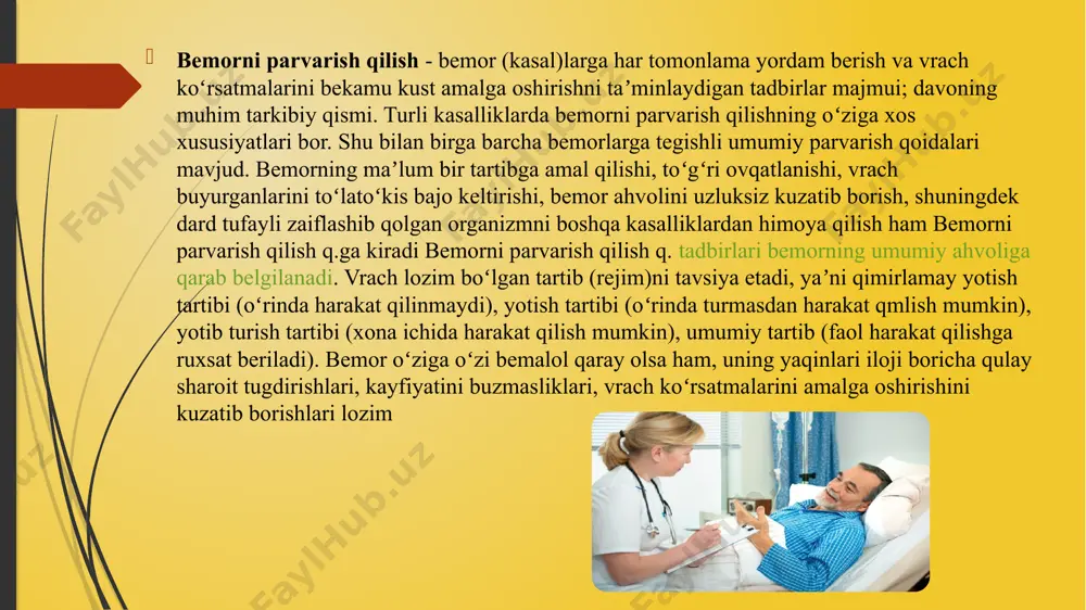 i. ruhiy kasallarni parvarish kdlganda baxtsiz hodisalar (oʻziga va atrofdagilarga qasd qilish, qochish va boshqalar)ning oldini olishga ahamiyat beriladi. sog‘liqni saqlash – tibbiy yordamni tashkil qilish, har bir inson va umuman aholi salomatligini saqlash va yaxshilash maqsadida amalga oshirilayotgan ijtimoiy-iqtisodiy, tibbiy, davlat ijimoiy tadbirlarining birlashmasi. sog‘liqni saqlash chora-tadbirlari - profilaktika tamoyillariga, tibbiyotning umumiy yordami, majburiy tibbiy sug‘urta, tibbiyot ilmining sog‘liqni saqlash amaliyoti bilan uzluksiz aloqasi, aholisalomatligiga davlat va jamoatchilikning faol ishtirokiga asoslangan. sog‘liqni saqlashning uchta asosiy komponenti mavjud: 1. davolash - profilaktik yordam. 2. respublikaning sanitariya-epidemiologiya nazoratini ta'minlash: yuqumli kasalliklar epidemiyasining oldini olish, ichimlik suvi sifatining, oziqovqat maxsulotlari, atmosfera havosi va boshqalarning sanitariya nazorati. 3. aholi salomatligini mustahkamlash: sog‘lom turmush tarzini shakllantirish, ish va yashash sharoitlarini sog‘lomlashtirish. mahalliy sog‟liqni saqlash amaliyotining asosiy komponentlari va tamoyillari. mahalliy sog‘liqni saqlash amaliyotining asosiy tamoyillari inson huquqlari va fuqorolar sog‘liqiga bo‘lgan hurmatdir. birinchi tamoyil, birinchi navbatda, sog‘liqni saqlashning profilaktik yo‘nalishi. bu profilaktika kasalliklarning oldini …