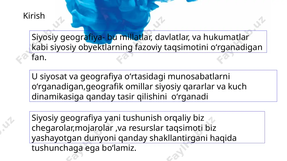 rni tahlil qilishda hal qiluvchi ahamyatga ega. u davlatlar siyosatini shakillantirish, diplamatiya va resurslarni tahsimlashda geografik omillarning ahamyatini ko‘rsatadi . 3. davlat suvereniteti va hudud davlat suvereniteti-bu davlatning tashqi manbalar aralashuvisiz o‘zini o‘z boshqarish vakolatidir. u qonunlarni qabul qilish , ularni amalga oshirish va o‘z hududini nazorat qilish vakolatlarini o‘z ichiga oladi. hudud deganda davlat nazorati ostidagi jismoniy hudud, jumladan quruqlik , suv va hovo kengliklari tushuniladi . u davlatning suvereniteti uchun zarur bo‘lib, uning o‘ziga hosligining asosini tashkil qiladi . davlat suvereniteti va hududini tushunish siyosiy geografiyada hal qilovchi ahamyatga ega, chunki u xalqaro hamjamiyat doirasidagi davlatning avtonomiyasi va mustaqilligini belgilaydi. anklav (frans. enclave, lot. inclavare - qulflab olish) - bir davlatning hamma tomondan boshqa davlat hududi bilan o'rab olingan hududi yoki hududining bir qismi. masalan, lesoto davlati jar hududidagi anklav hisoblanadi. agar anklav dengizga tutash bo'lsa, u yarim anklav deb ataladi['1), farg'ona viloyatiga qarashli so'x, cho'ng'ara, tayan shohimardon, …