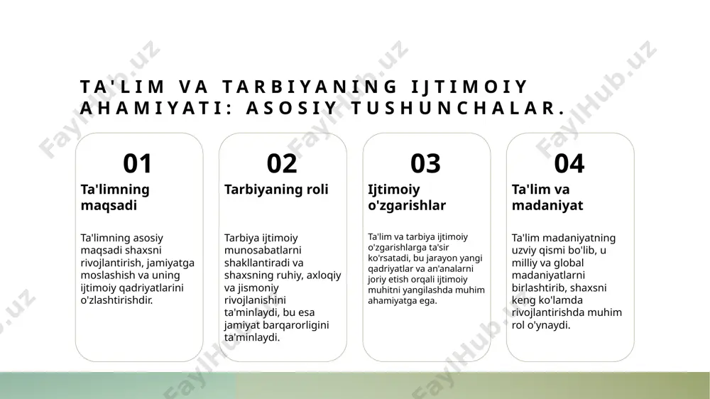 ri ta'lim jarayonida innovatsiyalar va kreativ yondashuvlar orqali jamiyatda ijtimoiy muammolarni bartaraf etish va rivojlanish yo'llarini izlash zarur. ijtimoiy pedagogik faoliyat va ta'lim: o'zaro bog'liq jarayonlar. 1 ijtimoiy pedagogika - ijtimoiy pedagogika - bu ta'lim jarayonida ijtimoiy muammolarni hal qilishga qaratilgan faoliyat. bu, o'zaro munosabatlarni rivojlantirishga yordam beradi. 2 ta'lim va ijtimoiy faoliyat - ta'lim va ijtimoiy faoliyat o'rtasidagi bog'lanish, talabalarning ijtimoiy ko'nikmalarini shakllantirishda muhim rol o'ynaydi, bu esa ularning jamiyatda muvaffaqiyatli bo'lishini ta'minlaydi. 3 kreativ yondashuv - kreativ yondashuv orqali ijtimoiy pedagogik faoliyatni yanada samarali qilish mumkin. bu, innovatsion metodlar va yondashuvlar orqali o'quvchilarning qiziqishini oshiradi. tarbiyachining roli: ijtimoiy pedagogik yondashuvlar. tarbiyachining vazifalari tarbiyachi, o'quvchilarning shaxsiy va ijtimoiy rivojlanishiga yordam berish uchun muhim rol o'ynaydi, ularning qobiliyatlarini ochadi va ijtimoiy ko'nikmalarini rivojlantiradi. ijtimoiy pedagogika ijtimoiy pedagogika, tarbiyachining o'quvchilar bilan ijtimoiy aloqalar o'rnatish va ularni jamoaga integratsiyalashuvi orqali ta'lim jarayonini boyitadi va rivojlantiradi. kreativ yondashuv tarbiyachilar kreativ yondashuvlar orqali o'quv …
