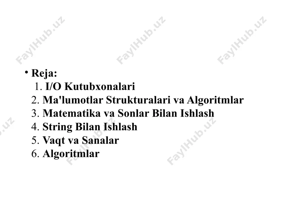 nometrik funksiyalar, logarifm va boshqalar. #include int main() { double result = std::sqrt (16.0); std::cout – tasodifiy sonlar yaratish, eslatmalar, xatolik kodi va boshqa foydali funksiyalar. 4. string bilan ishlash – std::string tipini taqdim etadi, bu esa matn bilan ishlashni juda osonlashtiradi. #include int main() { std::string s = "hello, world!"; std::cout – vaqtni o'lchash va sanalar bilan ishlash uchun kutubxona. #include #include int main() { auto start = std::chrono::high_resolution_clock::now(); // ba'zi hisob-kitoblar auto end = std::chrono::high_resolution_clock::now(); std::chrono::duration duration = end - start; std::cout – turli xil algoritmlarni taqdim etadi, masalan, tartiblash (std::sort), qidirish (std::find), elementlarni o'zgartirish (std::transform) va boshqalar. #include #include #include int main() { std::vector v = {4, 2, 5, 1, 3}; std::sort(v.begin(), v.end()); for (int x : v) std::cout << x << " "; return 0; } c++ standarti kutubxonasini o'rganishning o'zi katta mavzu bo'lib, yuqorida sanab o'tilganlar faqat eng asosiy qismlaridir. c++ bilan ishlashda bu kutubxonalarning …