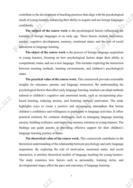 es from psychology, linguistics, and education to develop a holistic understanding of language learning processes. the study identifies gaps in current knowledge, paving the way for further investigations into the cognitive and emotional dimensions of early language learning. it deepens scientific knowledge of how early childhood psychology intersects with language learning, offering valuable insights for developmental psychologists and educators. the structure of the course work. the course work consists of introduction, 2 chapters, conclusion and list of used literature as well as the internet recourses. introduction has general information about the problem, reveals the aim, duties, methods of the work. each chapter consists of smaller parts and paragraphs and contains important information and salvation of the pointed duties of the work. chapter i. significance of psychological factors in foreign language learning 1.1. relevance of studying psychological factors in early foreign language learning the study of psychological factors in early foreign …