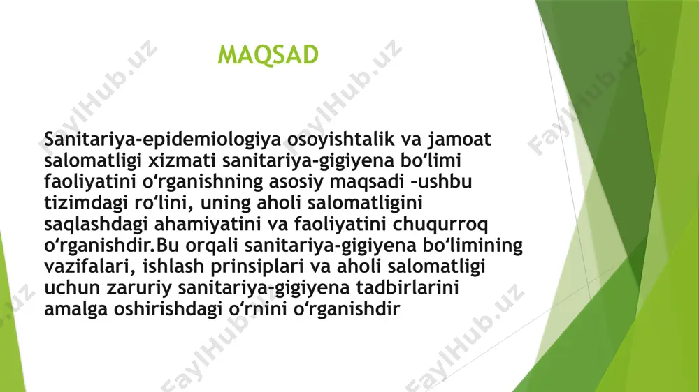 oʻz vaqtida oʻtkazilishini nazorat qilish epidemiologiya boʻlimi -mulkchilikning shakllaridan qatʼiy nazar, korxona muassasalar, tashkilotlar, birlashmalarni rahbarlari va alohida shaxslarning yuqumli, parazitlar va boshqa ommaviy kasalliklarni oldini olishga qaratilgan tadbirlarni, shuningdek, ular kelib chiqqan taqdirda, bu kasalliklarni yoʻqotish choralarini oʻz vaqtida hamda belgilangan tartibda amalga oshirishlari ustidan nazorat olib borish -shifoxonalarda kasalxona ichi infeksiyasi tarqalishini oldini olish boʻyicha chora-tadbirlar oʻtkazilishini nazorat qilish sanitariya-epidemiologiya xizmati (oʻzr da) — davlat sanitariya-epidemiologiya nazorati amalga oshiradigan, sanitariya profilaktika va epidemiyaga qarshi choralar ishlab chiqish va ularni amalda tatbiq etish bilan shugʻullanadigan davlat muassasalari tizimi. oʻzbekistonda sogʻliqni saqlash vazirligining davlat sanitariya epidemiologiya nazorati departamentidan, sanitariya epidemiologiya, ayrim soha vazirliklari qaramogʻidagi sanitariya epidemiologiya xizmatidan tashkil topgan. xizmatni davlat bosh sanitariya vrachi — oʻzbekiston respublikasi sogʻliqni saqlash vazirining oʻrinbosari boshqaradi. sanitariya-epidemiologiya xizmatini boshqaruvchi shaxslar epidemiyaga qarshi sanitariya tadbirlarini oʻtkazilishini talab qilish, bajarilishi lozim boʻlgan barcha gigiyenik masalalar yuzasidan tegishli xulosalar berish, isteʼmolga yaroqsiz deb topilgan oziq-ovqat mahsulotlarini yoʻqotish …