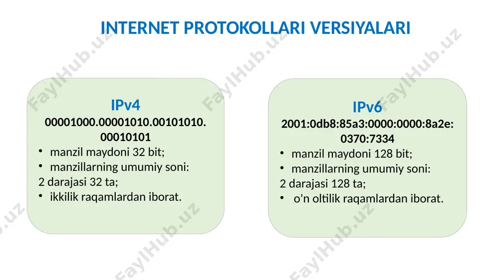 ham ikkilik tizimda yozilgan; maska(niqob) 0 va 1 lari almashtiriladi; almashtirilgan maska(niqob)ning ikkilik yozuvi ip manzilining ikkilik belgisi ostida yoziladi; tarmoq manzilini aniqlash uchun har bir alohida bit juftligi uchun mantiqiy va operatsiyasini bajarishingiz kerak, ya’ni razryadli konyunktsiyani bajarishingiz kerak. hosil bo'lgan ikkilik yozuv o'nlik shaklga o'tkaziladi (har bir ikkilik raqam alohida). masala №2. tarmoqdagi kompyuterning tartib raqamini aniqlang, agar pastki tarmoq maskasi 255.255.255.224 va tarmoqdagi kompyuterning ip-manzili 162.198.0.157 bo'lsa. ip manzilidagi (va niqobdagi) har bir qism sakkiz bitli ikkilik raqam, ya'ni 0 dan 255 gacha bo'lgan o'nlik sondir (shuning uchun manzil va niqobning har bir qismi oktet deb ataladi) niqobdagi dastlabki uchta raqam 255, bu ikkilik tizimda 8 ta 1 raqam, shuning uchun kompyuterning ip-manzilining birinchi uchta raqami butunlay tarmoq raqamiga tegishli. oxirgi raqam (okteta) uchun niqob va ip-manzilning mos keladigan oxirgi qismi tengdir 224 = 111000002 157 = 100111012 yuqorida niqobning nol bitlari va tarmoqdagi kompyuterning sonini aniqlaydigan …