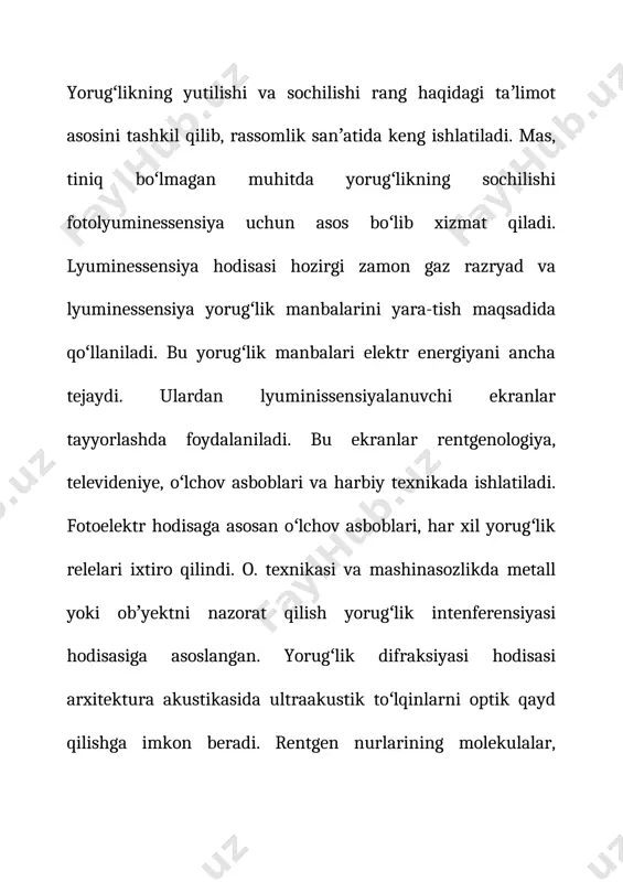 tijasida yorugʻlik tezligini tashkil etuvchilarga ajratish orqali oʻzining yorugʻlikning sinishi qonunini yaratadi va 1637 y.da "dioptrika" asarida nashr etadi. shuning uchun ham bu qonunni snellius — dekart qonuni deyiladi. yorugʻlikning qaytishi - sindirish koeffitsiyenti turlicha boʻlgan ikki muhit chegarasi sirtiga tushuvchi yorugʻlikning oʻzi kelayotgan muhitga qisman yoki toʻla qaytishi. ikki muhit chegarasining xossalari qanday boʻlishiga qarab, yorugʻlikning qaytishining tabiati ham turlicha boʻlishi mumkin. agar chegara notekisliklari oʻlchami yorugʻlik toʻlqini uzunligidan kichik boʻlsa, bunday sirt koʻzgusimon sirt deb ataladi. shunday sirt (mas, silliq shisha sirti, yaxshilab jilolangan metall sirti, simob tomchisining sirti va b.)ga ingichka parallel nurlar dastasi tarzida tushadigan yorugʻlik nurlari sirtdan qaytgandan keyin ham parallel nurlar dastasi koʻrinishida qoladi. yorugʻlikning bunday qaytishi tekis qaytish deb (1rasm), yorugʻlikni tekis qaytaruvchi sirt koʻzgu deb ataladi. bu holda tushayotgan as nur bilan mm, sirtning nur tushayotgan s nuqtasiga oʻtkazilgan cn normal orasidagi burchaka gayorugʻlikningtushi sh burchagi deyiladi. qaytgan s5nurbn cn normal orasidagi …