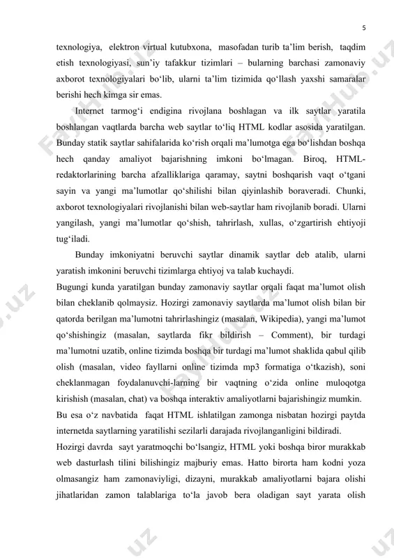 ngi ma’lumotlar qo‘shish, tahrirlash, xullas, o‘zgartirish ehtiyoji tug‘iladi. bunday imkoniyatni beruvchi saytlar dinamik saytlar deb atalib, ularni yaratish imkonini beruvchi tizimlarga ehtiyoj va talab kuchaydi. bugungi kunda yaratilgan bunday zamonaviy saytlar orqali faqat ma’lumot olish bilan cheklanib qolmaysiz. hozirgi zamonaviy saytlarda ma’lumot olish bilan bir qatorda berilgan ma’lumotni tahrirlashingiz (masalan, wikipedia), yangi ma’lumot qo‘shishingiz (masalan, saytlarda fikr bildirish – comment), bir turdagi ma’lumotni uzatib, online tizimda boshqa bir turdagi ma’lumot shaklida qabul qilib olish (masalan, video fayllarni online tizimda mp3 formatiga o‘tkazish), soni cheklanmagan foydalanuvchi-larning bir vaqtning o‘zida online muloqotga kirishish (masalan, chat) va boshqa interaktiv amaliyotlarni bajarishingiz mumkin. bu esa o‘z navbatida faqat html ishlatilgan zamonga nisbatan hozirgi paytda internetda saytlarning yaratilishi sezilarli darajada rivojlanganligini bildiradi. hozirgi davrda sayt yaratmoqchi bo‘lsangiz, html yoki boshqa biror murakkab web dasturlash tilini bilishingiz majburiy emas. hatto birorta ham kodni yoza olmasangiz ham zamonaviyligi, dizayni, murakkab amaliyotlarni bajara olishi jihatlaridan zamon talablariga to‘la …