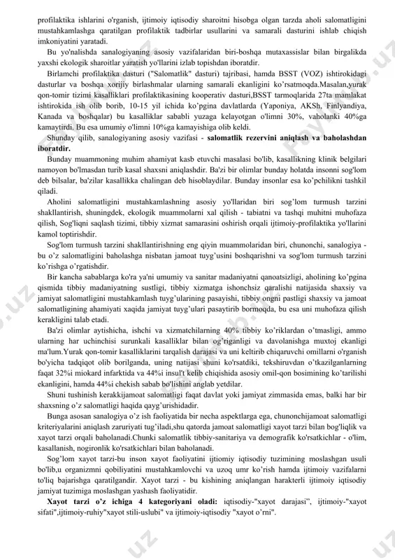 b, yuz minglab tonna kimyoviy moddalar, changdagi muallaq moddalar xavoga, suvga, tuproqqa, ovqatga, so'ngra odam organizmiga tushadi. gigienistlar baholashicha, bizning mamlakatimiz shaharlarida 30% kasalliklar atrof-muhitning ifloslanishidan, ularning miqdori ruxsat etilgan me'yordan 10 barovar va undan ham ortib ketganda kelib chiqar ekan. oxirgi yillarda aholi orasida kasallikni oldini olishda "sanalogiya" suzi keng ishlatilmoqda. "sanalogiya" termini - lotincha "sanitas" suzidan olingan bo'lib, salomatlik ma'nosini anglatadi. sanalogiya - salomatlik haqidagi fandir, aniqrog’i, sog'lomlar kishilarni sog'lig'ini muhofaza qilish, mustahkamlash, yuksaltirish demakdir. sanalogiya jamoat salomatligini sifatini oshirishga asoslangan sog'liqni saqlash tizimini strategik konsepsiyasini ishlab chiqishga ko’maklashishi lozim. 1980 yillarda i.i.brexman tomonidan tavsiya etilgan "vedenie v valeologiyu" kitobida (1987) keltirilgan "valeologiya" sanalogiya tushunchasiga yaqindir. "valeologiya" ko'proq ruhiy tinchlik ma'nosiga yaqin bo'lib, shaxsiy salomatlikni anglatadi, ya'ni valeologiya - shaxsiy salomatlikni o'rganadigan fan sifatida, sanalogiya esa - guruh, jamiyat va populyasiya salomatligi haqidagi fan sifatida shakllangandir. sanalogiya gigienik tartib-intizom turkumiga kiradi,ya'ni odamlarning sog'lig'ini shakllanishiga ta'sir etuvchi atrof-muhit omillariga …