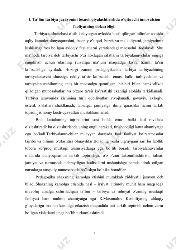 asosiy vosita deb ilm ma‘rifat va ahloqiy tarbiyani tushunadi. 4.koshifiy odobli insonni ahloqli deb tushunadi.inson faqat odobli, sahovatli, to’g’ri, halol, pok bo’lgandagina haqiqiy inson bo’lishi mumkin.insonparvarlik va halollikni eng yuksak insoniy fazilatlardan deb biladi. eramizdan oldingi oltinchi asrdan milodiy beshinchi asrgacha o`tgan davrda yunonistondagi quldorlik davlatlari va rim imperiyasida bir qadar demokratik tartiblar, respublika boshqaruvi o`rnatilgan. bu yorda o`ziga xos ta‘lim – tarbiya tizimlari va pedagogik ta‘limotlar yaratilgan. yunonistonlik olimlar – demokrit (460-370), suqrot (469-339), aflotun (427-347), arastu (383-322); shuningdek, mashhur rim pedagogi kvintilian (42-118)lar o`z asarlarida ta‘lim – tarbiya, o`qituvchi axloqiga doir pedagogik nazariyalar yaratganlar. demokrit tarbiyaning tabiatga mosligi g`oyasini o`rtaga qo`ygan. o`qitish jarayonida bolalarning qiziquvchanligini hisobga olish zarurligini uqtirgan. ta‘limning kishi tabiatini o`zgartiruvchi qudratli kuch ekanligini, o`qitishda majburlash usulidan ko`ra, ishontirish vositasidan foydalanish afzalligini, salbiy namunalarning zararligini ta‘kidlagan. aflotun bola tarbiyachiga itoat qilishi zarurligi to`g`risidagi g`oyani ilgari suradi. u bolani muttasil nazorat qilib borish; uning yaxshi, itoatkorligini rag`batlantirish, …