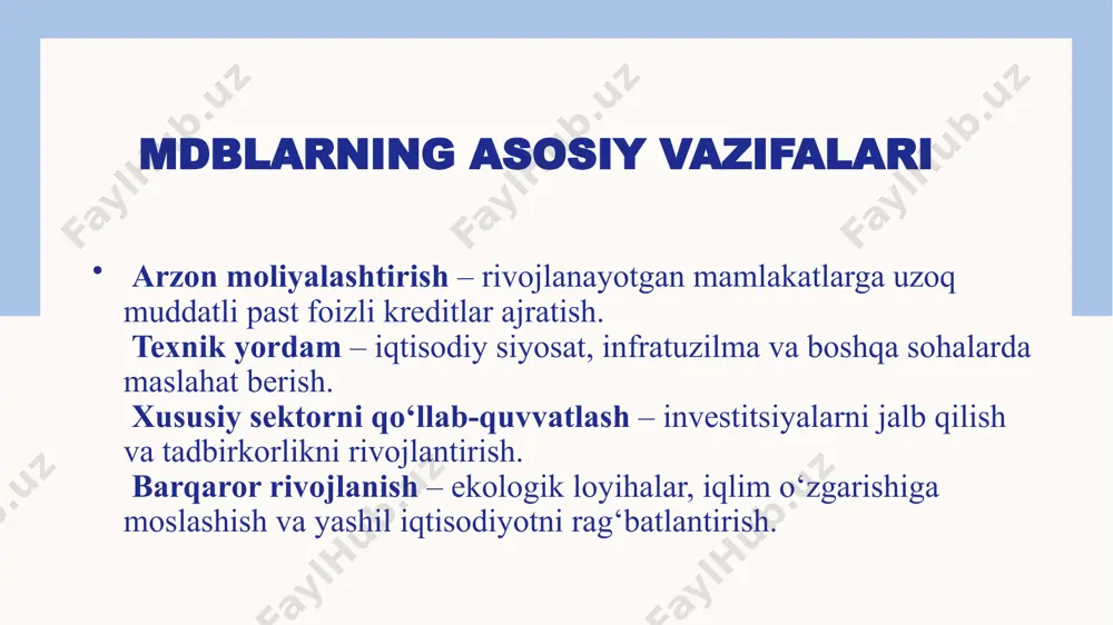t, 2023-yilda chili yana caf’ning to‘liq a’zo davlati bo‘ldi. 15 a’zolikni kengaytirish cafning kapital bozorlariga chiqish strategiyasida muhim omil bo‘lgan. 1993-yilda caf qarz oluvchilar tomonidan boshqariladigan birinchi mdb sifatida obligatsiya reytingini olgan va qo‘shma shtatlar bozorida obligatsiya chiqargan. a’zolar soni ko‘payishi va kapitalning oshishi cafning kredit reytingini mustahkamladi: moody’s 1993-yildagi baa3 darajasidan 2023-yilda aa3 darajasigacha besh marta, s&p global ratings esa 1993-yildagi bbb darajasidan 2023-yilda aa darajasigacha olti marta yaxshilab bordi. s&p tomonidan aa- dan aa darajasiga so‘nggi reyting oshishi 2023-yil may oyida amalga oshdi. bunda mintaqaviy a’zolikni kengaytirish muhim rol o‘ynadi: chilining to‘liq a’zolik maqomini tiklashi, aksiyadorlar tarkibining kengayishi va mintaqadagi yuqori faolligi (chili, salvador, dominikan respublikasi, gonduras – yangi to‘liq a’zo davlatlar; meksika va kosta-rika esa to‘liq a’zo bo‘lish jarayonida). 16 17 sharqiy va janubiy afrika savdo va taraqqiyot banki savdo va taraqqiyot banki (tdb) 1985 yilda tashkil etilgan bo‘lib, uning asosiy maqsadi a’zo davlatlar o‘rtasida savdoni rivojlantirish, …