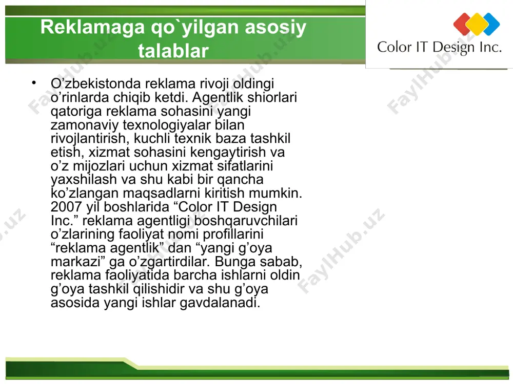 klama kampaniyasi bu firmaning o’z reklama strategiyasini amalga oshirish quroli, reklama faoliyatini taktik rejalashtirish elementlaridan biri hisoblanadi. bundan tashqari, firmaning reklama faoliyati ustidan o’tkaziladigan nazorat reklama kampaniyalarini olib borish jarayoni to’g’ri tashkil etilgan taqdirdagina samara berishini eslatib o’tish ham to’g’ri bo’ladi. reklama turlari va darajalari reklamaning sotish reklamasi, siyosiy reklama, diniy reklama va boshqa turlarini ajratib ko’rsatish mumkin. reklama faoliyatining turlarini quyidagicha tasniflash mumkin. reklamaning kuchi va ahamiyati jahon tajribasidan ma’lum. u, avvalmbor, ixcham, badiiy ifodalangan shaklda berilgan hissiy bo’yoqlarga ega bo’lgan va tovarlar va xizmatlar haqidagi eng muhim faktlar hamda ma’lumotlarni potenstial xaridorlar ongi va diqqatiga etkazadigan axborotni mujassamlashtiradi. shu bilan birga ta’kidlash lozimki, reklama har doim axborotdir, lekin axborot esa har doim ham reklama bo’lavermaydi. sotish reklamasi xaridorlarga sotish xizmati ko’rsatish sifatini oshirishga ko’maklashishi kerak. reklama yordamida xaridorlar o’zlariga zarur tovarlarni tez topadilar, o’zlari uchun qulay bo’lgan holda va kam vaqt ketkazib ularni sotib oladilar. bunda tovarlarni sotish …