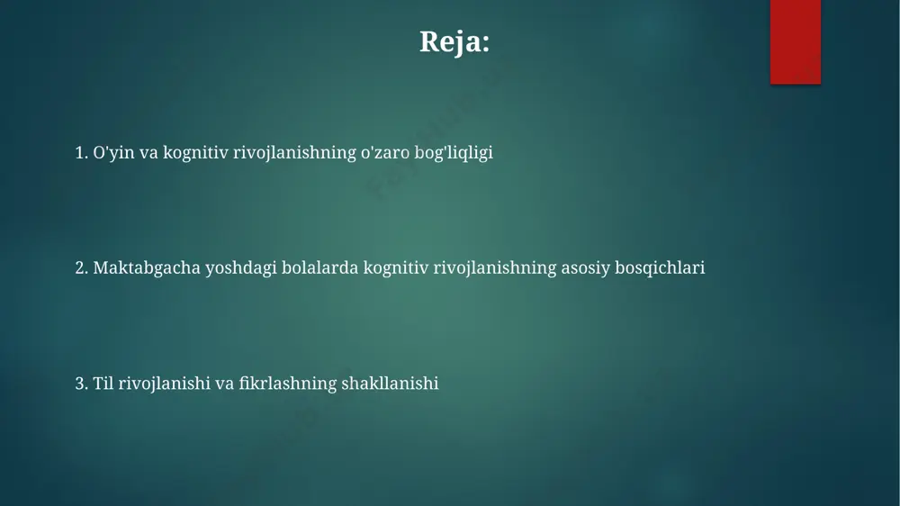 вақт давомида улар ўзларини бирор машғулотга бағишлашлари мумкин, масалан, тошкентдаги боғчаларда ўтказиладиган ўйинларда. хотиранинг ривожланишида такрорлашнинг аҳамияти катта бўлиб, 5 марта такрорланган маълумотни 4 ёшли болаларнинг 70%и эслаб қолиши мумкин, бу эса самарқандда ўтказилган экспериментларда исботланган. ob’ekt turg’unligi piagetning tadqiqotlariga ko'ra, 18 oylik bolalarning 75% dan ortig'i ob’ekt turg’unligini tushuna boshlaydi va shveytsariyada o'tkazilgan tajribalar ushbu rivojlanish bosqichini tasdiqlaydi. ob’ekt turg’unligining rivojlanishi 8-12 oylik bolalarda kuzatiladi, bu davrda bolalar 2-3 ta ob’ektni yashirib qo’yilsa ham, ularni topishga harakat qilishadi, masalan, to’pni yostiq ostiga yashirish kabi. ob’ekt turg’unligi rivojlanishiga ta’sir etuvchi omillar orasida, ota-onalar bilan o’zaro munosabatlar va bolaning atrof-muhit bilan 5 dan ortiq o’zaro ta’sir qilishi muhim hisoblanadi. tasavvur va ijodiy fikrlashning rivojlanishi болаларнинг ижодий фикрлашини баҳолаш учун 5-6 ёшли болаларга 10 тадан иборат муаммо ечиш вазифалари берилиб, натижалар самарқанд вилоятидаги мактабгача таълим муассасаларида таҳлил қилинди. 3-5 ёшли болаларда тасаввурнинг ривожланиши учун 3d ўйинчоқлар ва расм чизиш каби фаолиятлар жуда …