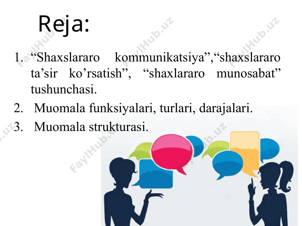 quriladi. (ya’ni axborot, bilim, ko’nikma va malakalarni shakllant) 3. undovchi funksiya shaxsini muayyan faoliyat mohiyatiga, o‘zlashtirish ob’ektiga yo’naltirishdan iborat. 3 ta yo‘nalishdagi xatti harakatlardan tashkil topadi: faollikka undovchi muomalaviy maqsad (imkoniyatlari mavjudligini ta’kidlab o‘tish; moyilligi, layoqatiga turtki berish va boshqalar); - bilimlarni o‘zlashtirish, iste’dodni namoyon qilish, ijtimoiy faollik namunasini ham ma’naviy, ham moddiy jihatdan rag‘batlantirish maromi; - kasbiy layoqatini faollashtirish, mukammallashtirishga qaratilgan, faoliyatga undovchi muomala maqsadi 4. shaxslararo munosabatlarni muvofiqlashtirishdagi muloqot funksiyasi nutqni tinglash jarayonida mavzu mohiyatining o‘zaro muvofiqlashuvi, muomala mazmunini bir tamoyilga, muayyan shaklga yo‘naltirish, fikrlar yakdilligini vujudga keltirish. 5. hamkorlik faoliyati mahsulini tushunishga qaratilgan muloqot funksiyasi shaxslararo hamkorlik faoliyati o‘zaro tushunuv, o‘zaro ta’sir o‘tkazish, axborotlar almashish negiziga quriladi. bilimlar tasavvur darajasidan asta-sekin tushunuv (anglashish) bosqichiga o‘sib o‘tish bilan tavsiflanadi. 6. muomalada amotiv funksiya mmuayyan darajada shaxslar o‘rtasidagi oraliq masofani kamaytirish, o‘zaro yaqinlik, samimiylik, ishonch tuyg‘usini vujudga keltirish. 7. muomala jarayonida shaxslararo munosabat o‘rnatish funksiyasi 8. shaxslararo munosabatlar jarayonida …