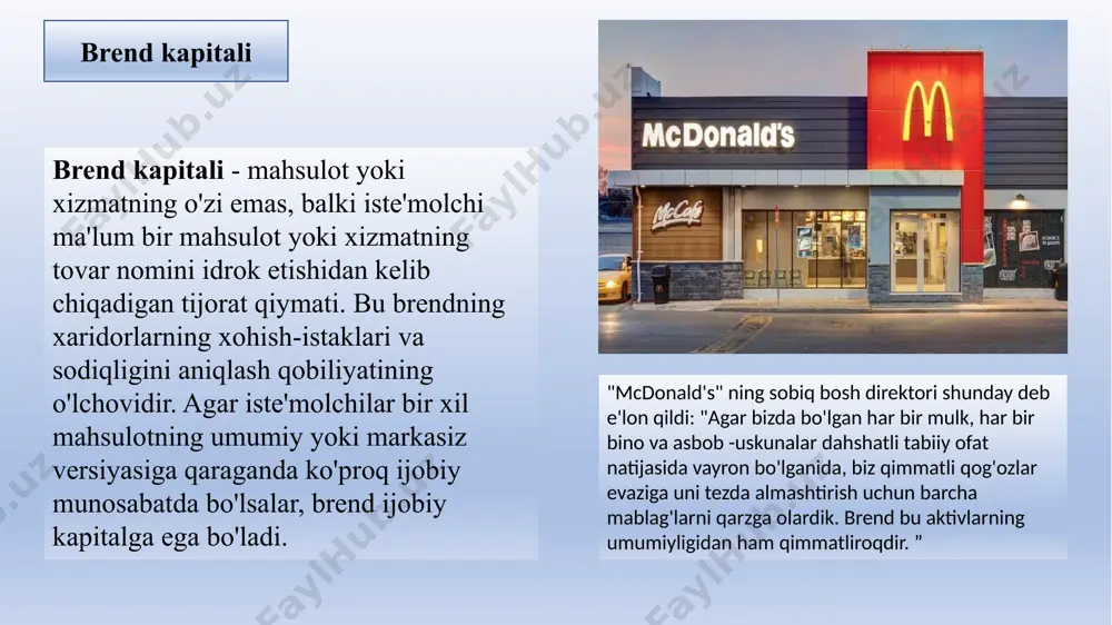 chining brendi) sifatida chiqarilishi mumkin, chunki samsung va kellogg o'z mahsulotlarini o'z brendlari ostida sotadilar (samsung galaxy planshetlari yoki kelloggning muzli po'choqlari). yoki ishlab chiqaruvchi mahsulotni xususiy brend (do'kon brendi deb ham ataladi) bergan sotuvchilarga sotishi mumkin. garchi ko'pchilik ishlab chiqaruvchilar o'z brendlarini yaratsa -da, boshqalari litsenziyaga ega brendlarni sotadilar. nihoyat, ikkita kompaniya kuchlarini birlashtirishi va qo’shma brend mahsulotni yaratishi mumkin. brend homiyligi milliy brend - taniqli yoki taniqli mahsulot, xususiy brend yoki do'kon brendi - bu ma'lum bir provayder orqali sotiladigan yoki sotib olingan eksklyuziv mahsulot. chakana sotuvchilar har birining afzalliklaridan foydalanish uchun odatda milliy brendlar va do’kon brendi tovarlarning aralashmasini sotadilar. milliy brendlar do`kon brendiga qarshi ko'pgina ishlab chiqaruvchilar o'z brendlarini yaratish uchun yillar sarflaydi va millionlab pul sarflaydi. biroq, ba'zi kompaniyalar ilgari boshqa ishlab chiqaruvchilar tomonidan yaratilgan nomlar yoki ramzlar, taniqli yulduzlarning ismlari yoki mashhur filmlar va kitoblarning qahramonlarini litsenziyalashadi. to'lov evaziga, ularning har biri bir zumda …