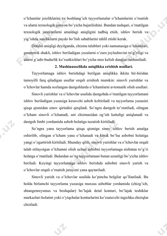 li talab etilayotgan o’lchamni olish uchun asbobni tayyorlamaga nisbatan to’g’ri holatga o’rnatiladi. bulardan so’ng tayyorlamani butun uzunligi bo’yicha ishlov beriladi. keyingi tayyorlamaga ishlov berishda asbobni sinovli yurish va o’lchovlar orqali o’rnatish jarayoni yana qaytariladi. sinovli yurish va o’lchovlar usulida ko’pincha belgilar qo’llaniladi. bu holda birlamchi tayyorlama yuzasiga maxsus asboblar yordamida (chizg’ich, shtangenreysmus va boshqalar) bo’lajak detal konturi, bo’lajak teshiklar markazlari holatini yoki o’yiqchalar konturlarini ko’rsatuvchi ingichka chiziqlar chiziladi. ishlov berish jarayonida ishchi asbob kesuvchi tig’ini harakat yo’nalishini shu chiziqlar bo’yicha amalga oshirish orqali tayyorlashdagi talab etilgan yuza shaklini chiqishini ta’minlaydi. tayyorlamalarga o’lchamlarni avtomatik olish usulida ishlov berishda dastgoh birlamchi shunday sozlanadiki, bunda tayyorlamani talab etilayotgan aniqligiga, ishchini malakasi va e’tiboriga deyarli bog’liq bo’lmagan holda avtomatik tarzda erishiladi. 1- rasm. o’lchamlarni avtomatik olish usuli bilan tayyorlamalarga ishlov berish tayyorlama 2 “a” va “b” o’lchamlarga frezalashda, frezerli dastgoh stoli balandiigi bo’yicha birlamchi shunday o’rnatiladiki, bunda qisqichlarni qo’zg’almas siquvchi elementni tayanch yuzasi frezani …
