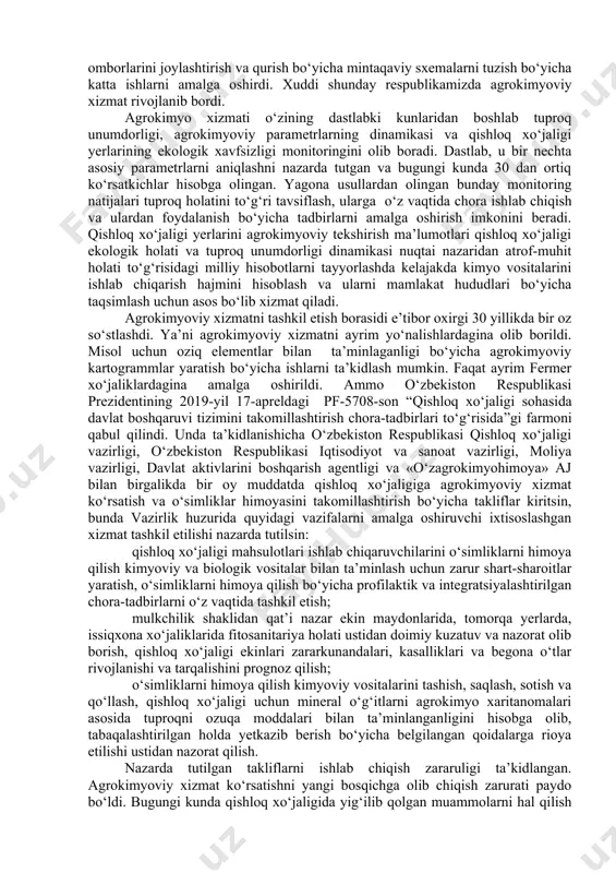 o‘g‘itlarni, ayniqsa azotli o‘g‘itlarni, samaradorligini ko‘tarilishiga qaratildi. l.i.golodkovskiy ma’lumotlariga qaraganda azotli o‘g‘itlardan foydalanish koeffitsienti bu davrga kelib 27 foizni tashkil qilgan. shu bilan birga, ko‘pgina ilmiy tadqiqotlar olib borilgaligi bilan ishlab chiqarish sohasida ularning qo‘llanilishi sust rivojlandi. qishloq xo‘jaligini kimyoviylashtirish sohasidagi jadal ketmadi. o‘g‘it va kimyoviy meliorantlar yer uchastkalarining agrokimyoviy va ekologik-toksikologik xususiyatlarini, eroziya, relef va ekinlar unumdorligiga ta’sir qiluvchi boshqa omillarni hisobga olmagan holda ishlatilgan. tuproq unumdorligini saqlab qolish va oshirishga qaratilgan o‘g‘itlardan foydalanish bo‘yicha ilmiy asoslangan tavsiyalariga bo‘lgan ehtiyojini oshishi va ishlab chiqarishga to‘g‘ridan to‘g‘ri ta’sir qilish uchun yagona davlat agrokimyoviy xizmatini tashkil etish zarurati paydo bo‘ldi. 1963 yilda tuproqlarning oziqa elementlari bilan ta’minlanganligini hamda qishloq ho‘jalik ekinlarining xususiyatlarini hisobga olgan holda turli tuproq-iqlim regionlarida o‘g‘itlarni taqsimlash va qo‘llashni ilmiy asosda to‘g‘ri tashkil qilish maqsadida respublikamiz ixtisoslashtirilgan agrokimyo xizmati tashkil etildi. agrokimyo muassasalari qishloq xo‘jaligi tajriba stantsiyalari, zonal ilmiy-tadqiqot institutilari yo‘ nalishlari, agrar universitetlar kafedralariga asosida tashkil etilgan. …