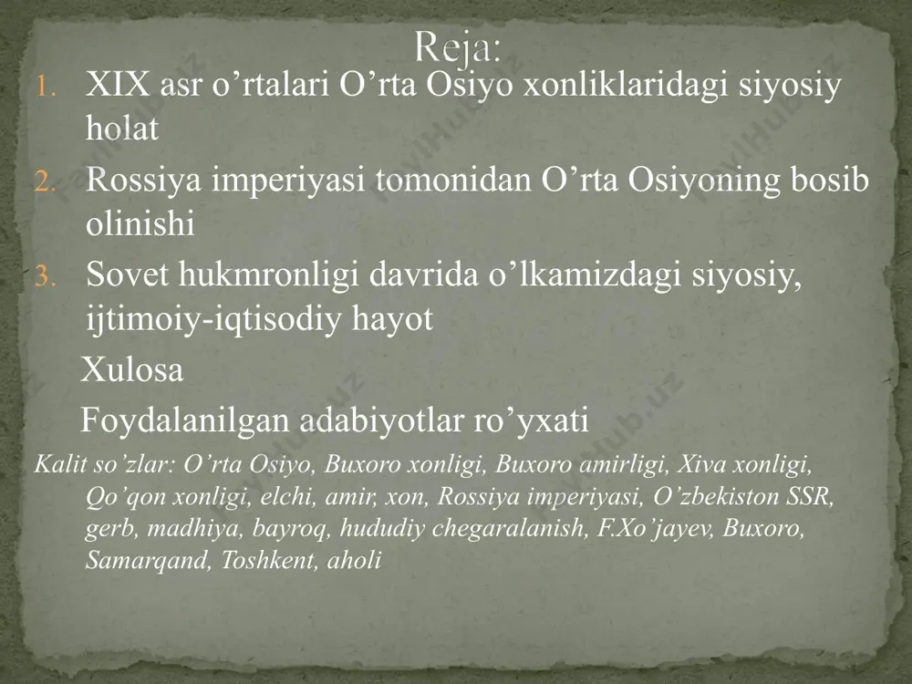 amirligi, g’arbda kaspiy dengizi, shimolda qozoq juzlari bilan chegaradosh edi. amudaryo sohillarida joylashgan xiva, urganch, kat, ko’hna urganch, xazorasp, qo‘ng‘irot, xo‘jayli, kurdar (hozirgi chimboy) shaharlari xonlikning yirik shaharlari hisoblanar edi. xon qo’shinlari buxoro qo’shinlari kabi, qilich, o’q-yoy, nayza bilan qurollangan. bir qism askarlarda pilta miltiqlar bo’lgan, oz miqdorda to’plar ham bor edi. xix asrning birinchi yarmida qo’qon xonligi hududiy jihatdan o’rta osiyodagi yirik davlat edi. xonlik sharqda sharqiy turkiston, g’arbda buxoro amirligi va xiva xonligi bilan chegaradosh bo’lgan. qo’qon xonligi bilan rossiya o‘rtasida mirzacho’l va muyunqul cho’llari yastanib yotgan. o’rta osiyo davlatlari aholisi: qo’qon xonligi – 3 mln kishi buxoro amirligi – 2 mln kishi xiva xonligi – 800 ming kishi davlatda qaysi millat vakillari yashagan: buxoro amirligi: o’zbeklar, tojiklar, turkmanlar, qoraqalpoqlar, qozoqlar xiva xonligi: o’zbeklar, turkmanlar, qoraqalpoqlar, qozoqlar qo’qon xonligi: o’zbeklar, qirg’izlar, tojiklar, qozoqlar, uyg’urlar, yahudiylar, hindlar amirlikda oliy amaldor amir hisoblangan. avloddan avlodga meros qolgan. qo’shbegi bosh vazir …