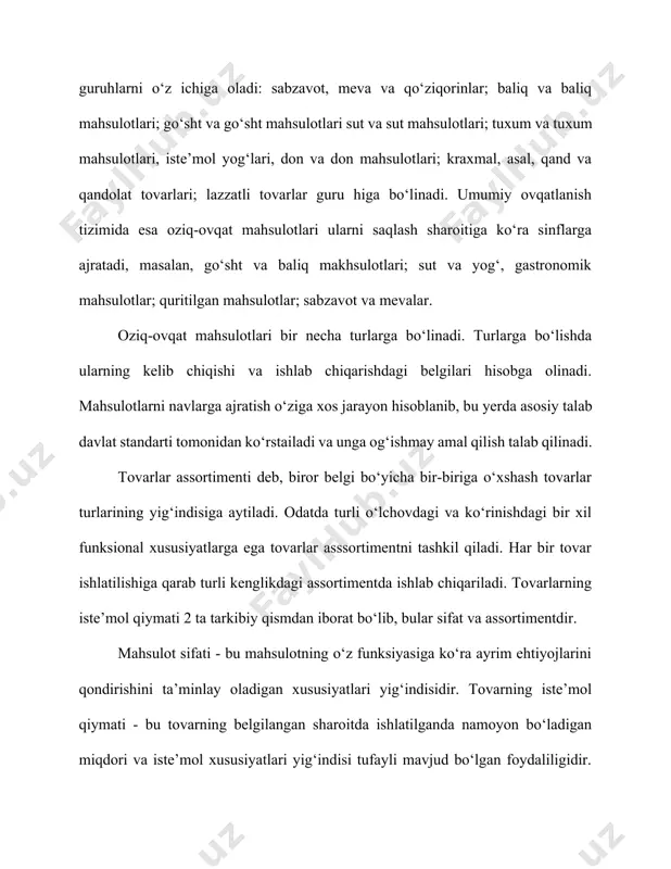 bo‘ladi. shuning uchun ham hozirgi vaqtda mahsulot sifatini yaxshilash, assortimentini kengaytirish va yangilashga katta e’tibor berilmoqda. masalan: nooziq-ovqat tovarlari bo‘yicha: 1.uy xo‘jaligini jihozlash uchun ishlatiladigan stol, stul, karavot, shkaf, divan va shunga o‘xshashlar - mebel tovarlari assortimentini 2.oyoqqa kiyish uchun mo‘ljallangan: tufli, etik, galosh, tapochka va boshqalar - poyafzal tovarlari assortimentini tashkil qiladi. oziq-ovqat tovarlari bo‘yicha: masalan: makaron mahsulotlari - bug‘doy unidan quritilib tayyorlanadi: har xil shaklda. 1.naychasimon (uzunligi - 30 sm, kaltalari - 15-30 sm, rojki - 1,5-5 sm, to‘g‘ri yopilgan bukilgan). 2.lentasimon - ugralar 2-20 sm, qalinligi 2 mm dan oshmasligi kerak. 3.ipsimon mahsulotlar: (vermishel) kaltasi 2 sm uzunligi 20 sm. 4.shakldor mahsulotlar. bu mahsulotlar turli shakl va konfiguratsiyada - yulduzcha, tishli g‘ildirakcha, spiral, chg‘anoq va h.k. ko‘rinishida chiqariladi. masalan: unli qandolatli mahsulotlari assortimenti: 1.pechenye un, 20-30%, qand, yog‘ 9,5% 2.kreker (quruq pechenye). 3.pryanik. 4.vaflya. 5.pirojnoye. tort. 7.keks. masalan: baliq konservalari assortimenti: 1.seld. 2.skumbriya. 3.sardina. venn-diagrammasining asosi – …