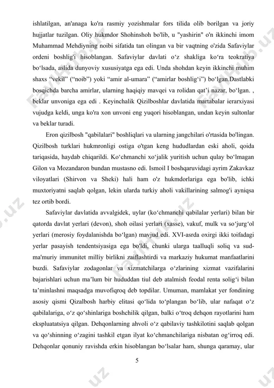 chmanchilariga nisbatan ogʻirroq edi. dehqonlar qonuniy ravishda erkin hisoblangan boʻlsalar ham, shunga qaramay, ular feodallarga ijara haqi (odatda hosilning bir qismi va turli soliqlar) toʻlaganlar, davlat manfaati uchun majburiy mehnatga ham jalb qilinganlar, oziq-ovqat va yem-xashak yetkazib berishga masʼul boʻlganlar. armiya uchun va hokazo. shaharlarda hali ham mo'g'ullarning hunarmandchilik va savdo-sotiq uchun solig'i - tanga joriy qilingan. barcha musulmonlar uchun majburiy bo'lib qolgan imomi shialikning davlat dini sifatida e'lon qilinishi so'fiylikning "bid'atchi" harakati tarafdorlari bo'lgan sunniylar va ekstremal shialarga qarshi qatag'onlar bilan birga bo'ldi. shu bilan birga, nasroniylar va yahudiylar, garchi “ikkinchi darajali” odamlar hisoblansalar ham, alohida ta’qiblarga uchramaganlar: safaviy hukmdorlari yevropa davlatlari bilan aloqada va qo‘shni dushman sunniylarga qarshi kurashda ulardan diplomatik va savdo agentlari sifatida foydalanishga intilishgan. davlatlari - usmonli va o'zbek. karvon yevropa-osiyo savdosining muhim yoʻllari oʻtgan zakavkaz, kurdiston va mesopotamiyada safaviylar hokimiyatining shakllanishi va mavqeining tez mustahkamlanishi turk sultonlarini jiddiy xavotirga soldi. istanbulning qoʻrquvi asosan kichik …