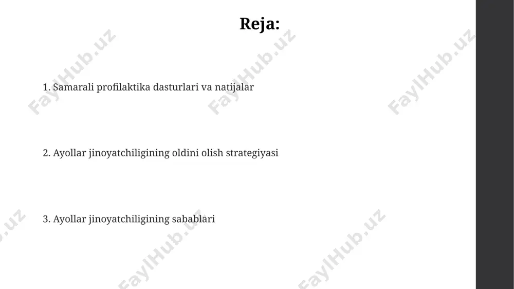 li ijtimoiy moslashuviga yordam berildi, bu jinoyatchilikning oldini olishda muhim omil bo'ldi. ayollar jinoyatchiligining sabablari ayollar jinoyatchiligining 25% ga yaqini oilaviy zo'ravonlik va uy sharoitidagi qashshoqlik bilan bog'liq bo'lib, bu ijtimoiy-iqtisodiy omillar ta'sirida shakllanuvchi deviant xulq-atvorning aniq ko'rinishidir. ayollarning jinoyatchilikka tortilishida giyohvand moddalarni iste'mol qilish kabi omillar muhim rol o'ynaydi, statistikaga ko'ra, bunday holatlarda jinoyatlar soni 30% ga ko'tariladi va ko'pincha qashshoqlik bilan bog'liq bo'ladi. jinoyatchilikka moyillik borasida genetik omillar ahamiyatsiz bo'lsa-da, 15-25 yosh oralig'ida psixo-emotsional stresslarning yuqori darajasi va salbiy tajribalar ayollarning jinoyat sodir etish ehtimolini sezilarli darajada oshiradi. huquqbuzarlikning oldini olish choralari oilaviy zo‘ravonlik holatlarini 10% ga kamaytirish maqsadida, 50 ta maxsus reabilitatsiya markazlarini ochish va psixologik yordam ko‘rsatish, ayollar huquqbuzarligining oldini olishda muhim ahamiyatga ega. ayollar huquqbuzarligini kamaytirish uchun 30% ga politsiya xodimlarining ayol xodimlari sonini oshirish va ularning malakasini oshirish, jinoyatchilikka qarshi kurashda samaradorlikni oshiradi. jinoyatchilikning oldini olish bo‘yicha 25 dan ortiq ijtimoiy dasturlarni amalga oshirish, …