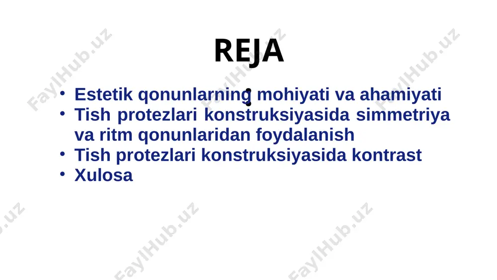 arni yaratish. 1.7.2013 8 ‹#› tish protezlari konstruksiyasida estetik va funksional talablarning muvozanati 1 estetik protezni tabiiy va jozibali ko'rinishi. 2 funksional protezni to'g'ri ishlashi va bemorga qulaylik yaratish. 3 uyg'unlik protezni bemorga qulaylik yaratish. 4 chidamlilik protezni uzoq muddatli xizmat qilishi. 1.7.2013 9 ‹#› tish protezlari konstruksiyasida estetik qonunlarni samarali qo'llash bo'yicha xulosa va tavsiyalar estetik qonunlarni qo'llashda mutaxassislarning tajribasi va bilimi muhim rol o'ynaydi. bemor bilan aloqa o'rnatish va uning ehtiyojlarini to'g'ri tushunish ham juda muhimdir. 1.7.2013 10 ‹#› eʼtiboringiz uchun raxmat!!! image1.jpeg image2.jpeg image3.png image4.png image5.png image6.png image7.png image8.png image9.png image10.png image11.png image12.png image13.png image14.png image15.png image16.png image17.png image18.png image19.png /docprops/thumbnail.jpeg