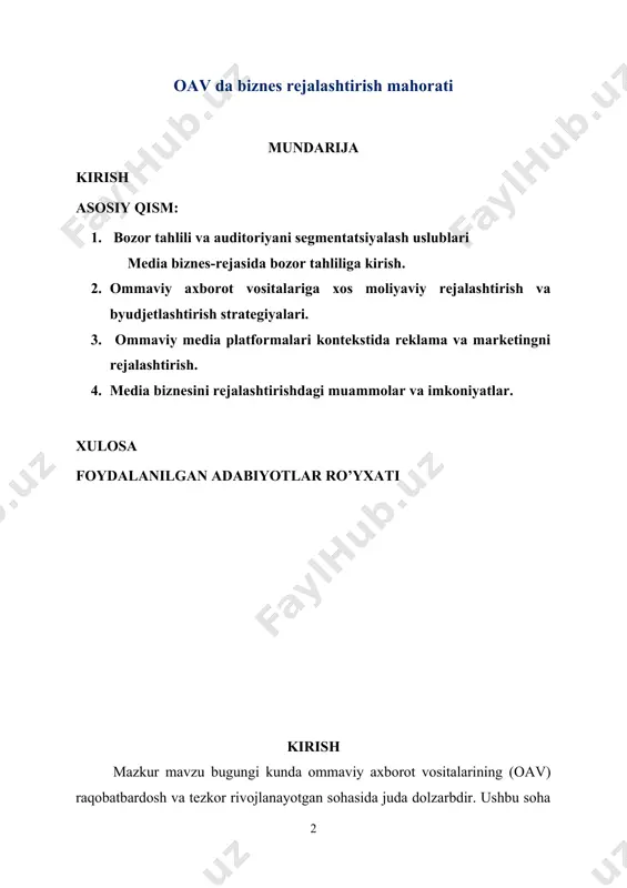 ishlash kabi texnologiyalar ommaviy axborot vositalarini tahlil qilish va auditoriyalar bilan aloqa qilish usullarini tubdan o‘zgartirmoqda. biznes rejalashtirish ushbu o‘zgarishlarni oldindan ko‘rib chiqish va ularga tayyor bo‘lish uchun zarurdir. zamonaviy iste'molchilar o‘zlarining axborot oladigan manbalaridan tez va qulay kontent iste'mol qilishni kutadilar. shuningdek, ularning qiziqishlari va talablari tez-tez o‘zgarib turadi. oav kompaniyalari ushbu o‘zgaruvchan talablarga moslashuvchan va innovatsion yondashuvlar bilan javob berishlari kerak. bu, o‘z navbatida, strategik rejalashtirish va tezkor qaror qabul qilishni talab qiladi. samarali biznes rejalashtirish oav sohasida muvaffaqiyatga erishishning asosidir. bu qarorlar tashkilotning moliyaviy barqarorligini, o‘sishini va raqobatbardoshligini ta'minlaydi. biznes rejalashtirish tahliliy ma'lumotlarga asoslanib, bozor tendentsiyalarini, raqobatbardosh tahlillarni va iste'molchilarning xatti-harakatlarini inobatga olgan holda amalga oshiriladi. oav sohasida resurslar cheklangan bo‘lishi mumkin, shu jumladan moliyaviy resurslar, inson resurslari va vaqt. aniq va o‘lchangan biznes rejalashtirish orqali kompaniyalar ushbu resurslarni eng samarali tarzda taqsimlash va sarflashlari mumkin, bu esa yuqori darajadagi operatsion samaradorlikni ta'minlaydi. tezkor o‘zgaruvchan biznes muhitida …