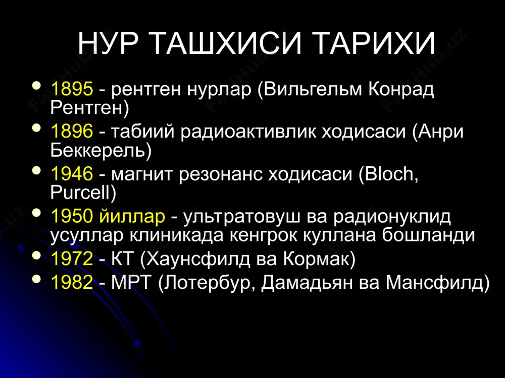 зонография тури r найча ей буйича харакат килади ва бутун юз сохасини «текислаб» пленкага туширади пастки жаг, хамма тишлар, гаймор бушликлари ва бугимлар тасвирланади электрорентгенография тасвир когозда – позитив факат суяклар учун кулланилади тез, «курук» ва арзон усул нурланиш рентгенографияга нисбатан купрок - болаларда кулланилмайди факат огиз ташкари тасвирлар юмшок ва бошка тукималар нисбатан яхши куринади (синишлар, ет тана, секвестр, усмалар) хужжатланиш емон рентген-контраст усуллар сиалография кистография артрография (мениск жойлашиши) фистулография ангиография - катетеризация йуллари: 1) ташки уйки артерияси; 2) чакка еки юз артерисидан -> ташки уйки артерисига 3) сельдингер услуби (сон артериясидан) - курсатмалар: 1) кон томирлар патологияси 2) усмалар (гемангиома, ангиофиброма), 3) даволаш муолажалари сонография юмшок тукима ва суюкликлар тасвирланади суяк ва хаво тасвирланмайди нурланиш йук полипроекцион текширув реал вактда тасвир беради арзон ва тез усул субъектив артефактлар - суяк, хаво, темир, кальцинатлар, ег тукимаси сонография асослари тукималар компьютер (тасвир) датчик сонография режимлари а - режим (амплитуда) - …