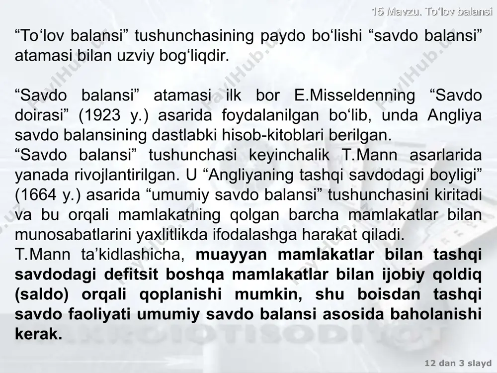 gi i,s r i ( r ) r*1 xn -ijobiy qoldig’i r*2 i,s r i ( r1 ) r* xn -joriy hisobining taqchilligi i ( r2 ) * 15 mavzu. to’lov balansi 12 dan * slayd to’lov balansi hisoblarining o’zgarishiga makroiqtisodiy siyosatning ta’siri mamlakatdagi rag’batlantiruvchi byudjet - soliq siyosati mamlakat ichida jamg’armalarni qisqartiradi, joriy operatsiyalar hisobining taqchilligiga olib keladi chet el mamlakatlardagi rag’batlantiruvchi byudjet-soliq siyosati jahon foiz stavkasini oshiradi va bu joriy operatsiyalar hisobining musbat qoldiіiga olib keladi. rag’batlantiruvchi investitsiya siyosati investitsiyaga bo’lgan talabni oshirib ularni chet eldan oqib kelishini ta’minlaydi va kapital harakati hisobining ijobiy hamda joriy operatsiyalar hisobinig salbiy qoldiqlariga olib keladi. kichik darajali ochiq iqtisodiyotdagi foiz stavkasi jaіon moliya bozorida belgilanadi. * 15 mavzu. to’lov balansi 12 dan * slayd o‘zbekiston respublikasining to‘lov balansi 2023 yil davomida o‘zbekiston to‘lov balansi va xalqaro investisiyaviy mavqei ko‘rsatkichlari dinamikasiga, bir tomondan jahon bozorlarida o‘zbekistonning asosiy xomashyo narxlarining oshishi, safarlar bilan …