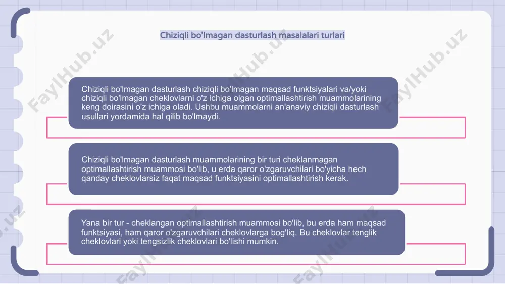 shtirmaguncha yoki maksimal darajaga keltirguncha iterativ ravishda yangilash orqali olinadi. chiziqli bo'lmagan dasturlashning qiyinchiliklari chiziqli bo'lmagan dasturlash chiziqli bo'lmagan cheklovlarga bog'liq bo'lgan maqsad funktsiyasini optimallashtirishni o'z ichiga oladi. chiziqli bo'lmagan dasturlashdagi asosiy muammolar qatoriga bir nechta mahalliy optimalarning mavjudligi va global optimalni topishdagi qiyinchiliklar kiradi. gradientga asoslangan optimallashtirish, stokastik optimallashtirish va evolyutsion algoritmlar kabi usullar odatda chiziqli bo'lmagan dasturlash muammolarini hal qilish uchun ishlatiladi. chiziqli bo'lmagan dasturlashning afzalliklari chiziqli bo'lmagan dasturlash chiziqli dasturlash bilan solishtirganda murakkab real muammolarni modellashtirishda ko'proq moslashuvchanlikni ta'minlaydi. bu qaror qabul qiluvchilarga o'zgaruvchilar o'rtasidagi chiziqli bo'lmagan munosabatlarni ko'rib chiqishga imkon beradi, bu esa aniqroq echimlarni topish imkonini beradi. chiziqli bo'lmagan dasturlash silliq bo'lmagan funktsiyalarni optimallashtirish uchun ham ishlatilishi mumkin, bu chiziqli dasturlash bilan mumkin emas. xulosa xulosa qilib aytish mumkinki, chiziqli bo'lmagan dasturlash murakkab optimallashtirish masalalarini hal qilish uchun kuchli vositadir. bu chiziqli bo'lmagan munosabatlar va cheklovlarni ko'rib chiqishga imkon beradi, natijada aniqroq va real echimlar …