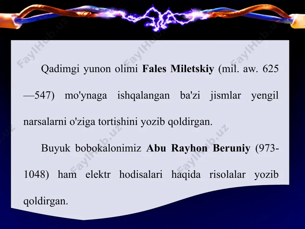 uning yaproq­chalari bir xil zaryadlanadi. jismlarning elektrlanganlik darajasini aniqlash, zaryadlanish darajasini taqqos-lashda elektrometrdan foydalaniladi (4-rasm). jelektrometrda metall sterjen (1) ga aylanuvchi strelka (2) o'rnatilgan. sterjen va ko'rsatkichni tashqi ta'sirlardan himoya qilish uchun metall g'ilof (3) yerga ulanadi. * elektrometr - jismlarning elektrlanganlik darajasini ko'rsatuvchi asbob. elektrometr ichiga mahkamlangan aylanuvchi strelka o'qi atrofida erkin harakatlana oladi. sharcha elektrlanganda sterjen va ko'rsatkich bir xil ishorali elektrlanadi. natijada ko'rsatkich sterjendan itariladi. ko'rsatkichning holatiga qarab, sharchaning elektrlanganlik darajasini aniqlash mumkin. elektr o'tkazgichlar va dielektriklar ikkita bir xil elektrometr olaylik. ulardan birining sharchasi zaryadlangan bo'lsin. ularni yonma-yon qo'yib, elektrometrlarning sharchalarini shisha tayoq-cha bilan o'zaro ulaylik. elektrlangan elektrometrning ko'rsatishi o'zgarmaydi (5-a rasm). * demak, undagi elektr zaryadlari ikkinchi elektrometrga shisha tayoqcha orqali o'tmaydi. bunga sabab, shisha elektrai o'tkazmasligidir. o'zidan elektrni o'tkazmaydigan moddalar dielektriklar deb ataladi. dielektriklar dan tayyorlangan buyumlar esa izolatorlar deyiladi. * «dielektrik» yunoncha so'z bo'lib, «o'tkazmas» degan ma'noni bildiradi. «izolator» esa lotincha «izolaro» so'zidan …