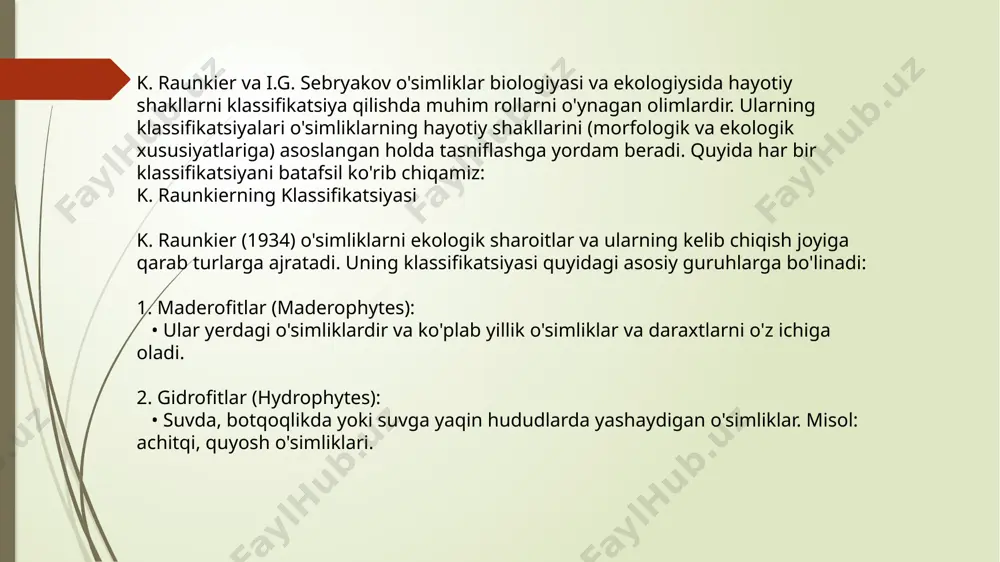 bbali, baland bo'yliko'p yillik o'simliklardir. bular guli, mevasi, poyasining eni, bo'yi, shox- shabbasi va barglari bilan bir-biridan farq qiladi. masalan: olma, o'rik, yong'oq va shaftolining shox-shabbasiyoyiq; qarag'ay va terakniki g'uj va tik; sada qayrag'och vamajnuntolniki sharsimon boladi. daraxtlar oz yoki ko'p yil yashashiga ko'ra turli xil bo'ladi. masalan, afrikada o'sadigan baobab daraxti 4000—5000 yil, archa, sarv 1000 yil, soxta kashtan 2000 yil, chinor 800 yil, o'rik va yong'oq 70—100 yil yashashi mumkin. tabiiy holda tarqalgan daraxtlar sharoitga qarab bir- biridankeskin farq qiladi. masalan, bir turga mansub bo'lgan va tog'larning shimoliy yonbag'irlarida o'sadigan daraxtlar janubiy yonbag'irlarida o'sadigan daraxtiardan shox-shabbasiningko'pligi, kengligi va balandligi bilan farq qiladi. yopiq urug’lilarda ildiz apeksi bir necha initsial hujayralardan iborat. ikki pallalilarda tipik xolda initsiallar uch qavatda joylashib xar bir qavatda 1-4 ta (2-3) gacha joylashadi. pastki qavat initsiallarida qin va rizoderma hujayralari hosil bo’ladi. o’rta qavatdagi initsial hujayralar periblema (grek. periblema - qoplovchi, kiyim) ni beradi. …