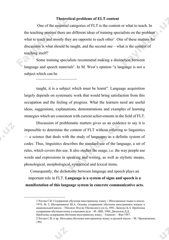 eas, suggestions, explanations, demonstrations and examples of learning strategies which are consistent with current achievements in the field of flt. discussion of problematic matters gives us an evidence to say it is impossible to determine the content of flt without referring to linguistics –– a science that deals with the study of languages as a definite system of codes. thus, linguistics describes the standard use of the language, a set of rules, which covers this use. it also studies the usage, i.e. the way people use words and expressions in speaking and writing, as well as stylistic means, phonological, morphological, syntactical and lexical items. consequently, the dichotomy between language and speech plays an important role in flt. language is a system of signs and speech is a manifestation of this language system in concrete communicative acts. both language and speech make up two sides of the same phenomenon, one whole, …