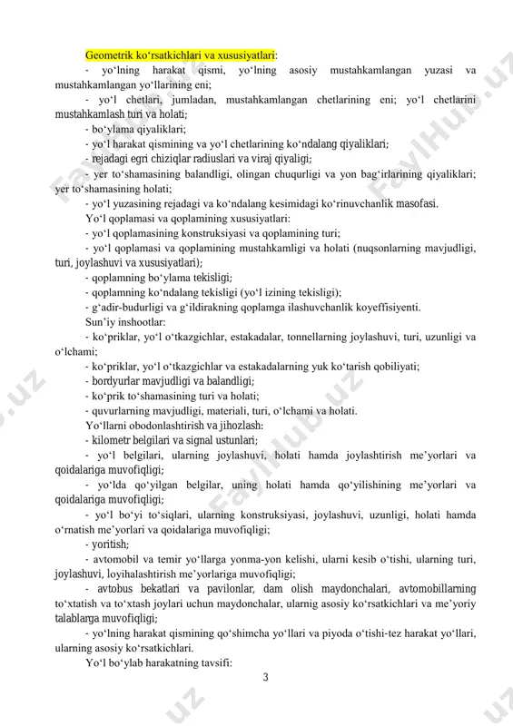 ilovada keltirilgan). ishlarni bajarish hajmiga ko„ra yo„llar holatini diagnostika qilish va baholash birlamchi va ikkilamchi turiga bo„linadi. birlamchi diagnostikada, odatda, yo„l holati, shuningdek, transport oqimining belgilangan ko„rsatkichlarining butun majmui o„lchanadi va baholanadi, takroriy diagnostikada esa faqat o„zgaruvchan xususiyatlar qaraladi, ularga yo„l to„shamasining mustahkamligi, bo„ylama va ko„ndalang tekisligi (yo„l izining chuqurligi), qoplamning g„adir­budurligi va ilashuvchan xususiyatlari, transport oqimining xususiyatlari va hokazo kiradi. bundan tashqari, takroriy diagnostikada ta‟mirlash yoki rekonstruksiya jarayonida o„zgargan doimiy ko„rsatkichlar va xususiyatlar ham o„lchanadi va baholanadi. zaruriy hollarda doimiy va o„zgaruvchan ko„rsatkichlar va xususiyatlarning ayrim guruhlari yoki birikmalari o„lchanishi va baholanishi mumkin. ko„prik inshootlarining holatini batafsil diagnostika qilish va baholash "avtomobil yo„llarini ta‟mirlash va ta‟minotining texnik qoidalari" mshn 4-2004, "avtomobil yo„llarida ko„priklar va quvurlarni ko„zdan kechirish bo„yicha yo„riqnoma" mshn 4-05 va shnk 3.06.07- 08 "ko„priklar va quvurlar. ko„zdan kechirish va sinovlar qoidalari" ga muvofiq amalga oshiriladi. mazkur "qoidalar" da ko„priklar va boshqa sun‟iy inshootlar to„g„risida axborotni faqat ularning …
