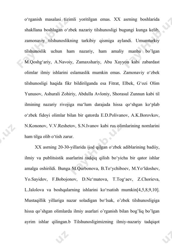 da, aynan shu fikrlarning qanchalik to‘g‘ri ekanligini ta‘kidlovchi dalillar bilan to‘qnashganmiz, haqiqatan ham, a.g‘ulomov o‘zbek nazariy tilshunosligining poydevorini qo‘ygan, favqulodda iste‘dodga ega bo‘lgan betakror tilshunos edi. o‘zbek nazariy tilshunosligining shakllanish davri haqida gap borar ekan, a.g‘ulomovdan bir yil keyin nomzodlik dissertatsiyasini yoqlagan prof.u.tursunov ilmiy foaliyati haqida to‘xtalmaslik mumkin emas. a.g‘ulomov 1940-yilda nomzodlik dissertatsiyasini himoya qilgan bo‘lsa, u.tursunov, bir yildan keyin o‘z ilmiy ishini yakunlash bilan, o‘zbek nazariy tilshunosligining shakllana boshlanganligini to‘la namoyon etdi. qizig‘i shundaki, a.g‘ulomov «o‘zbek tilida aniqlovchilar» monografiyasi bilan o‘zbek nazariy grammatikasining poydevorini qo‘ygan, oxir-oqibat yirik tilshunoslik ilmiy maktabini asoschisiga aylangan bo‘lsa, u.tursunov yuqorida qayd etilgan tadqiqoti bilan o‘zbek nazariy tilshunosligi poydevorini mustahkamladi va samarqand tilshunoslik ilmiy maktabining asoschisiga aylandi. o‘zbek nazariy tilshunosligining shakllanishi va taraqqiyotiga, katta hissa qo‘shgan boshqa olimlar faoliyatiga to‘xtalishdan avval shuni alohida ta‘kidlamoqchimizki, arab tilshunosligi rivojiga hissa qo‘shgan, shu bilan birga umuman, jahon tilshunosligi taraqqiyotini ta‘minlagan forobiy, beruniy, ibn sino, qoshg‘ariy, zamaxshariy, navoiy, bobur, …