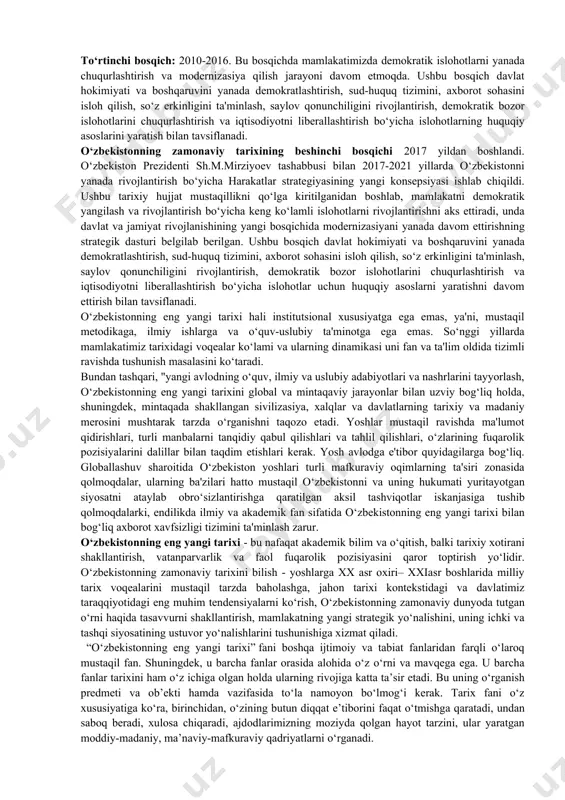 niq tarixiy hujjatlar asosida ko‘rsatib berilgan.u davlat yetakchisi sifatida eng mashaqqatli davrda o‘z faoliyatini boshladi. hali sovet ittifoqi o‘z kuchini saqlab, repressiv siyosatini davom ettirar, ammo, shunga qaramay, chuqur tanazzul yoqasiga kelib qolgan, kishilar orasida kelajakka ishonchsizlik va vahima kayfiyati hukmron edi. bunday murakkab sharoitda odamlarni kutilmagan zarbalardan himoya qilish, tushkun ruhiy vaziyatdan olib chiqish, ularda ertangi kunga bo‘lgan ishonch hissini qaror toptirish g‘oyat muhim edi. sirasini aytganda, ushbu kitob - eski tizimni buzish paytida, erkin va mustaqil hayot yo‘lida paydo bo‘lgan savollarga javoblarni o‘z ichiga oladi. shu jihatdan ham u juda ko‘p faktik va tahliliy materiallarni o‘z ichiga olgan ensiklopedik asardir. kitobga kiritilgan har bir tarixiy hujjatda o‘sha tashvishli zamonning ritmi seziladi, muallifning o‘sha tarixiy voqealarga dahldorligi va bevosita ishtirokchisi sifatidagi munosabati aks ettiriladi. bir so‘z bilan aytganda, ushbu kitob yaqin o‘tmish tarixining haqiqiy tasvirini to‘la aks ettirigani bilan ham qadrlidir. ko‘plab milliy tarixiy maktablarda mamlakatning zamonaviy tarixining boshlanishi …