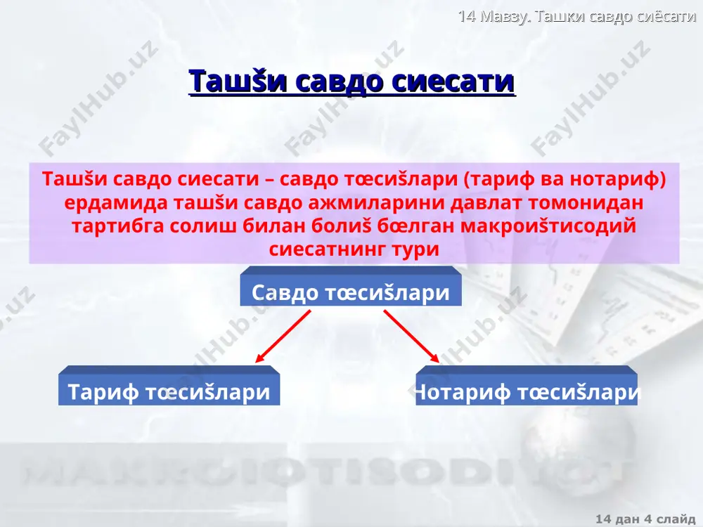 ирасини кенгайтириш маšсадида ишлаб чиšаруви томонидан œз ма�сулотига �ар хил нархларни šœйиш (масалан, ички бозорда баланд нархлар, ташšи бозорда эса паст нархларни белгилаш) компенсация (демпингга šарши) божлари чет эл экспорт субсидияларни бетараф šиладиган импорт божлари 14 мавзу. ташки савдо сиёсати 14 дан * слайд экспорт субсидиялари турли шаклларда қўлланилади. буларга: - экспортёр фирмаларга ёки хорижий шерикларга паст фоизли кредитлар бериш; - реклама харажатларини давлат ҳисобидан қоплаш, бозор коньюктураси ҳақида текин ахборот етказиб бериш; - фирмаларга ишлаб чиқариш ҳажмидаги экспорт улушига мувофиқ солиқ имтиёзларини бериш; - бевосита субсидиялаш киради. экспорт субсидияларининг берилиши миллий ишлаб чиқарувчиларининг ташқи бозорда рақобатбардошлигини оширади. 14 мавзу. ташки савдо сиёсати 14 дан * слайд демпинга қарши қаратилган божлар жаҳон амалиётида кенг қўлланилиб, ўзида қўшимча импорт божларини акс эттиради. улар одатда, жаҳон нархларидан ёки импорт қилаётган мамлакат ички нархларидан паст нархлар бўйича, экспорт қилинаётган маҳсулотларга ўрнатилади. ихтиёрий равишда экспортни чеклаш икки хил хусусиятга эга: 1. ихтиёрий равишда экспортни …