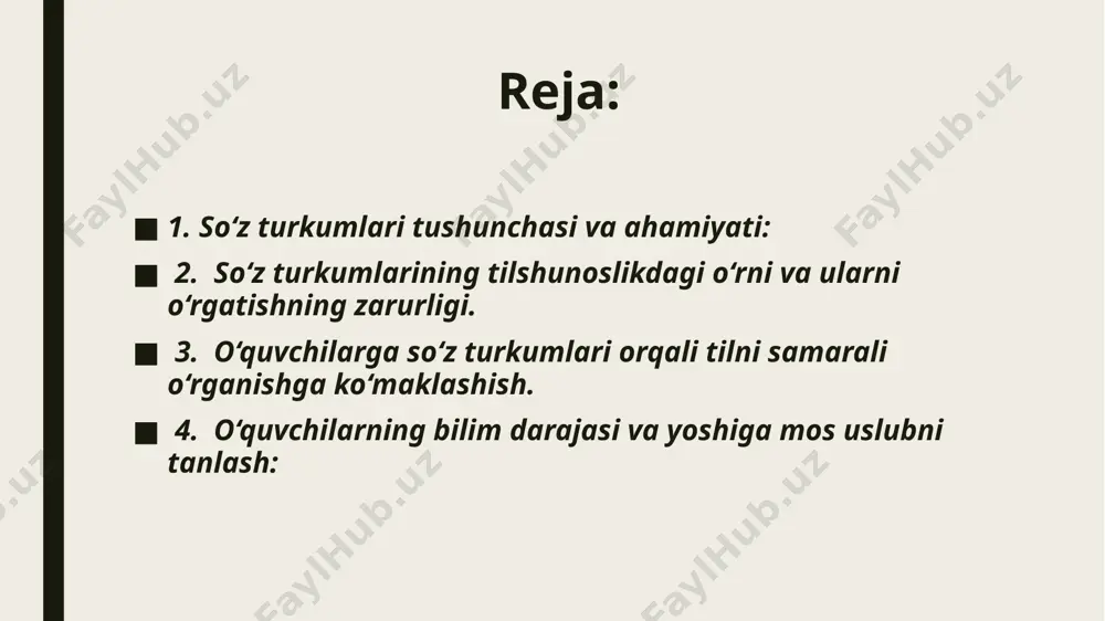 ning vazifasi va qo‘llanilishiga oid misollar keltirish. 4. interfaol mashqlar va o‘yinlar: • “kim ko‘p topadi?” – o‘quvchilar bergan so‘zlardan turkumlarini ajratish. • kartochkali o‘yinlar – turkumlarga ajratish orqali mashq qilish. • rolli o‘yin – har bir o‘quvchi bir so‘z turkumini ifodalaydi, ular orasida qanday aloqa mavjudligini topish. 5. amaliy mashg‘ulotlar: • matn asosida tahlil: matndagi so‘zlarni turkumlarga ajratish va tahlil qilish. • test va topshiriqlar: har bir so‘z turkumiga oid mashqlar bilan mustahkamlash. o’quvchilarda so’z turkumlarini bilish ko’nikmasi ularning belgilari yig’indisini egallashlari asosida shakllantiriladi. masalan, gul, guldor, gulladi so’zlarining qaysi so’z turkumiga kirishini bilish uchun ii sinf o’quvchisi quyidagicha fikr yuritadi: nima? – gul, bu so’z narsani bildiryapti, ko’plikda qo’llanadi – gullar, bu ot; guldor so’zi qanday? so’rog’iga javob bo’lyapti, narsaning belgisini bildiryapti, bu – sifat; gulladi so’zi nima qildi? so’rog’iga javob bo’lyapti, narsaning holatini bildiryapti, bo’lishsiz shaklda qo’llanadi – gullamadi, bu – fe’l. so’z turkumlarini o’rganishdagi asosiy vazifa …