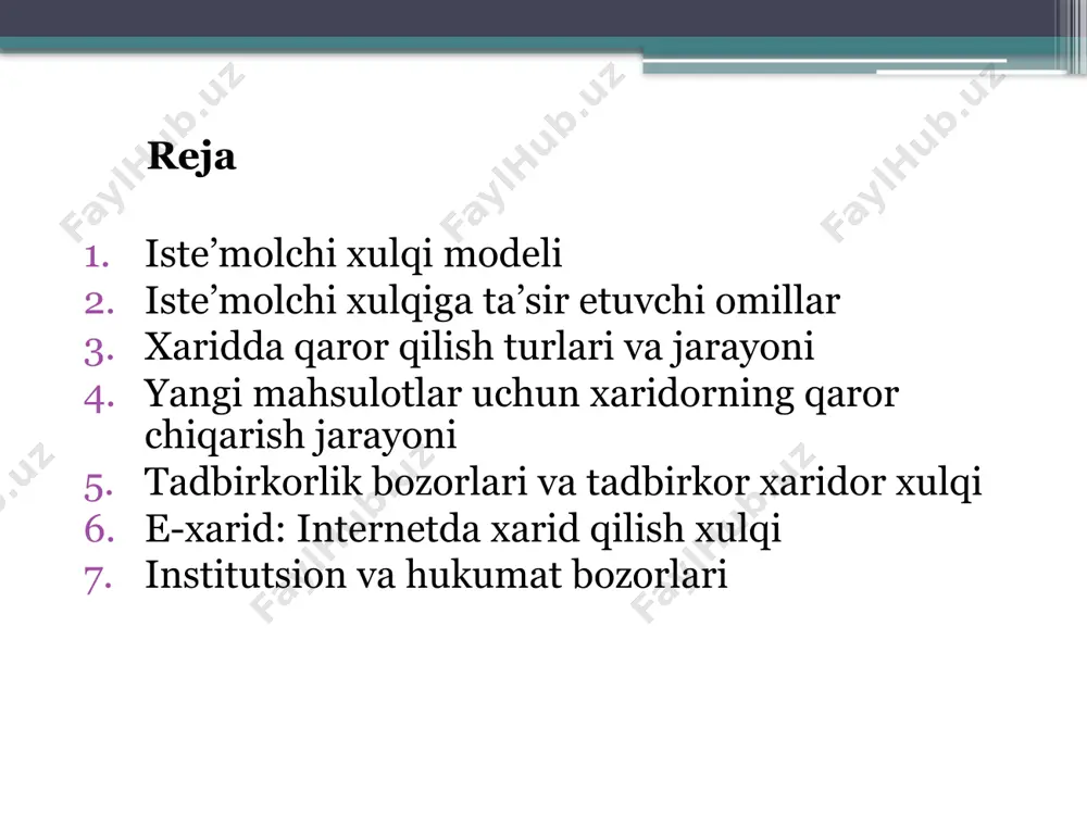 ni o’zlariga bo’ysundirishmoqchi. bir tomonlama ma’lumot yuborish o’rniga, ijtimoiy tarmoqlarda iste’molchilar bilan yaqin aloqada bo’lish, suhbatlarida qatnashish, ancha samaraliroq deb hisoblashmqodalar. tabiatga zarar yetkazmaydigan har kunlik oyoq kiyim va soatlarni ishlab chiqaruvchi timberland, o’zida tabiatni asrovchilarni birlashtiruvchi onlayn ijtimoiy jamoatchiligini tashkil qildi. misol uchun, “red bull”ning facebookdagi a’zolari 8.4 milliondan ortiq. twitter va facebookda yuqori maktab o’quvchilari, talabalar bilan muloqotda bo’lishning eng yaxshi yo’li hisoblanadi. jetblue o’z xaridorlari bilan, twitterda muloqotda bo’ladi. 3.xaridda qaror qilish turlari va jarayoni xaridorlar mahsulotlar qimmat, ishonchsizligi ammo brendlar orasidagi farq kichik bo’lgan holatda yuqori aralashuvi. xaridor o’zi sotib olgan mahsulotni kamchiliklarini, boshqa u sotib olmagan mahsulot brendlarining esa ustunliklarini aniqlaganda xariddan keying ikkilanish sodir bo’ladi. bunday ikkilanishning oldini olish uchun, marketologlar xaridorlarga ularning tanlovi yaxshi ekanligini xis qilishlari uchun ko’maklashishlari, isbot keltirishlari zarur. xaridor ikkilanish xulqi odatiy xarid xulqi turlilik qidirish xulqi xaridor quyi aralashuvida hamda brendlar orasidagi farq kichik bo’lganda ehtiyoj paydo bo’lishi …