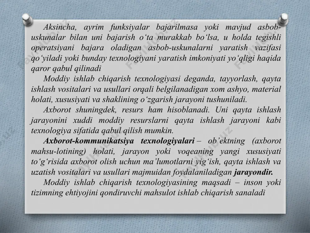 va texnikaning rivojlanib borishi bilan axborotlashgan jamiyatning shakllanib borishi bo‘yicha nazariyotchilarning aytgan fikrlari amalda namoyon bo‘lmoqda. barcha dunyo borlig‘ining bir yagona kompyuterlashtirilgan va axborotlashtirilgan elektron xonadon va kottejlardagi insonlar hamjamiyatiga aylanib borishi bashorat qilinmoqda. hohlagan yashash joyi turli xildagi elektron asboblar va kompyuter vositalari bilan jihozlangandir. 3.jamiyatning rivojlanishida axborotlashtirishning roli insonlar, jamoalar va tashkilotlarning faoliyati hozirgi kunda borgan sari mavjud axborotlardan samarali foydalanishi bilan bog‘liq bo‘lmoqda. bunga erishish uchun avvalom bor axborotlarni yig‘ish, qayta ishlash va taqdim etish borasida katta hajmdagi ishlarni amalga oshirishga to‘g‘ri keladi. turli sohalarda optimal qarorlar qabul qilish uchun katta hajmdagi axborotlarni qayta ishlash talab qilinadi, bu esa maxsus texnik vositalarni jalb qilmasdan hal qilib bo‘lmaydi. axborot hajmining ortib ketishi xx-asrning o‘rtalariga to‘g‘ri keladi. insonga axborotlar oqimi oqib kela boshlab, unga axborotlardan to‘liq holda foydalanish imkoniyalarini chegaralab qo‘ydi. har kuni kelayotgan axborotlar oqimida oriyentir olish qiyinlashib bordi. vujudga kelayotgan katta hajmdagi axborotlarni quyidagicha izohlash mumkin:  …