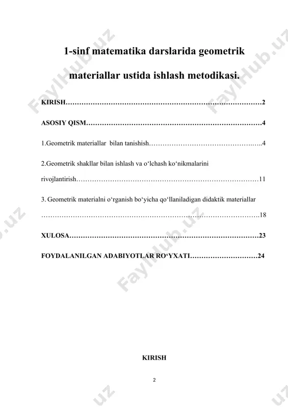 , to‘g‘ri to‘rtburchak, kvadrat, aylana, doira, shar, kub bularning hammasi geometrik shakldir. har qanday geometrik shakl nuqtalar toplamidan iborat. o‘quvchilarning e'tiborlari siniq chiziqning bo‘g‘inlari (qismlari) kesmalardan iborat ekanligiga qaratish kerak. o‘quvchilarning o‘zlari cho‘plardan va plastilin bo‘laklaridan siniq chiziq modellarini yasashlari, daftarlariga va doskaga siniq chiziq chizishni o‘rganib olishlari samarali natija ekanligini anglatadi. shundan so‘ngina ularga siniq chiziqlar ochiq va yopiq bo‘lishi mumkinligi aytish mumkin. bunda yopiq siniq chiziqlar ko‘pburchaklarning chegaralari bo‘lishini o‘quvchilar ongiga yetkazish muhimdir. masalan, uchta bo‘g‘indan iborat yopiq siniq chiziq uchburchakning chegarasidir. shundan keyin o‘quvchilarga siniq chiziq uzunligini topish uchun uning har bir bo‘g‘ini uzunligini topish va topilgan sonlarni qo‘shish kerak ekani aytiladi. siniq chiziq uzunligini topishga doir mashqlar o‘quvchilarni, ko‘pburchak perimetri tushunchasini idrok qilishga olib keladi. perimetrni topilishi kerak bo‘lgan dastlabki figura sifatida uchburchak olinishi maqsadga muvofikdir. shundan keyin o‘quvchilarni har xil ko‘pburchaklarning perimetrlarini topish bo‘yicha mashq qildirish kerak. ular orasida teng yonli va teng tomonli uchburchaklar, …