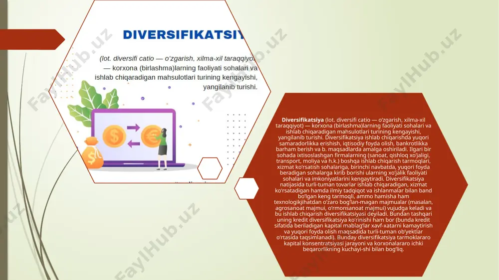 iyani yangilash strategiyasi. restrukturizasiya qilish. 6. ko’p millatli diversifikatsiya strategiyasi yangi biznesga kirish quyidagi uch xil shaklda bo’lishi mumkin: sotib olish, yaratish va qo’shma korxonalar tuzish. maqsadli bozorga mumkin qadar tezlik bilan kirish uchun mavjud biznesni sotib olish-bu keng tarqalgan diversifikatsiya vositasidir. ushbu usul diversifikatsiya muammolari: texnologik ko’nikmalarni, ta’minotchilar bilan munosabatlarni yo’lga qo’yishni, birlik mahsulotga sarf bo’ladigan mehnat xarajatlarini pasaytirishni, bozorga tovarni tanishtirishda reclama siyosatini tashkil etishni va boshqalarni hal qiladi. ko’pgina tarmoqlarda yangi korxonani yaratish bilim va tajribani, resurslarni , yetarli masshtabdagi ishlab chiqarishni va raqobatbardoshlikni talab qiladi. lekin aynan mos keladigan korxonani topish murakkab muammohisoblanadi. bunda xaridor firma oldidagi asosiy muammo bu“muvaffaqiyatli ishlayotgan qimmat narxli korxonani yoki yashashuchun kurashayotgan arzon narxdagi korxonani sotib olish kerakmi?”-degan savoldir. agar xaridor yangi sohada tajribasiz bo’lsa, ishonchlibozorda mustahkam mavqeiga ega firmani sotib olgan ma’qul. korxona narxi haddan tashqari yuqori bo’lmasligiga e’tibor berish lozim. lekin xaridor zaif firmani kuchli firmaga aylantirish rejasiga, mablag’iga, …