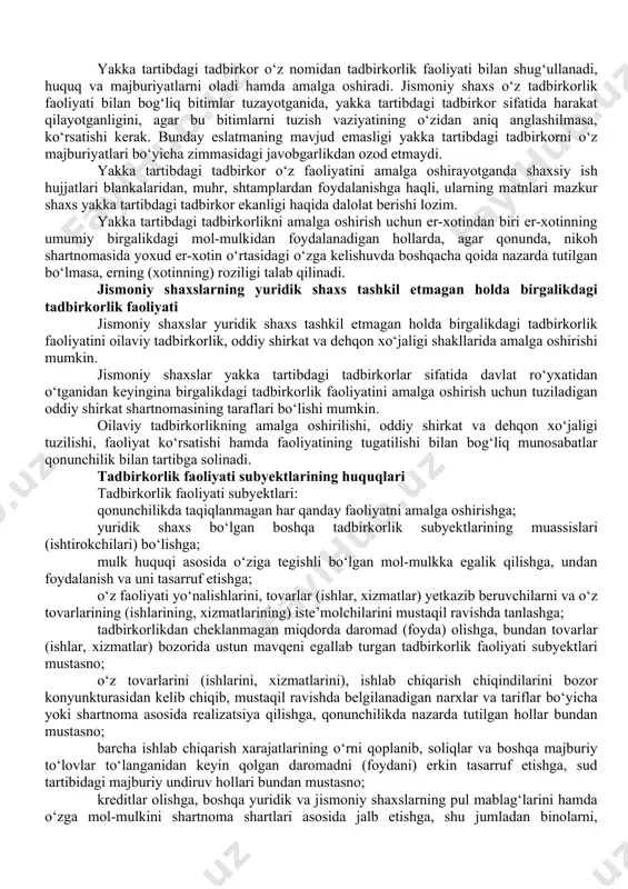 alari va fuqarolik-huquqiy xarakterdagi boshqa shartnomalar bo‘yicha ishga qabul qilingan xodimlarning, shuningdek unitar korxonalarda, vakolatxonalar va filiallarda ishlayotganlarning soni ham hisobga olinadi. faoliyatning bir necha turini amalga oshiruvchi (ko‘p tarmoqli) yuridik va jismoniy shaxslar yillik aylanma hajmida ulushi eng ko‘p bo‘lgan faoliyat turi mezonlari bo‘yicha kichik tadbirkorlik subyektlariga kiradi. kichik tadbirkorlik subyektlari uchun qonunchilikda nazarda tutilgan imtiyozlar va preferensiyalar, kafolatlar va huquqlar ushbu moddaning birinchi qismida ko‘rsatilgan tadbirkorlik subyektlari tomonidan vakolatli organlarga va tashkilotlarga (davlat soliq, bojxona xizmati organlariga, davlat statistika organlariga, banklarga va boshqalarga) yozma ravishdagi murojaatlarsiz qo‘llaniladi. kichik tadbirkorlik subyektlari uchun qonunchilikda nazarda tutilgan imtiyozlar va preferensiyalarning ro‘yxati o‘zbekiston respublikasining interaktiv davlat xizmatlari yagona portalidagi tadbirkorlik subyektlari uchun imtiyozlar va preferensiyalarning yagona reyestrida e’lon qilinadi hamda doimiy ravishda yangilab boriladi. o‘zbekiston respublikasining interaktiv davlat xizmatlari yagona portalidagi tadbirkorlik subyektlari uchun imtiyozlar va preferensiyalarning yagona reyestrini shakllantirish hamda doimiy ravishda yangilab borish tartibi o‘zbekiston respublikasi vazirlar mahkamasi tomonidan belgilanadi. …